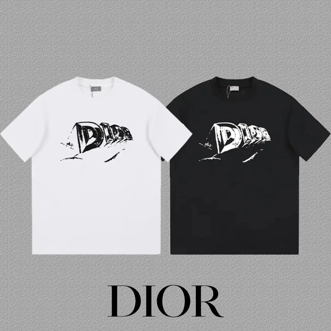 🅿️170 [DIOR Dior] 2025FW short-sleeved T-shirt LOGO printing High-end 26s double yarn 300g fabric Heavy fabric Customized frame ribbing in the same cylinder and dyeing Complete three standards Same style for men and women Color: Black White Size: S M L XL 2XL