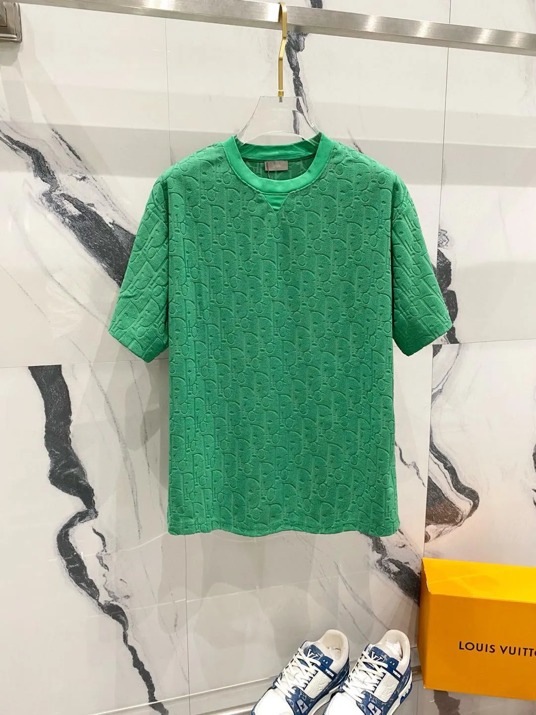 🅿️180 DIOR 260g round neck short-sleeved T-shirt, classic continuation of CD letters dark pattern LOGO, official synchronization, high version, high quality, fashionable personality, versatile trend, pure original quality, original fabric, hangtag, collar label, washed wheat, complete three labels, color: black, white, green, royal blue, brown, light blue, size: XS-L