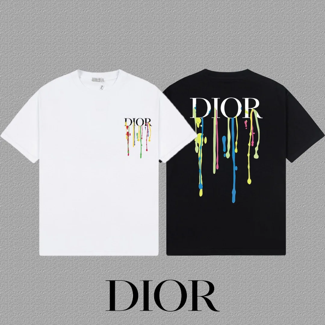 🅿️170 [DIOR Dior] 2025FW short-sleeved T-shirt LOGO printing High-end 26s double yarn 300g fabric Heavy fabric Customized frame ribbing in the same cylinder and dyeing Complete three standards Same style for men and women Color: Black White Size: S M L XL 2XL