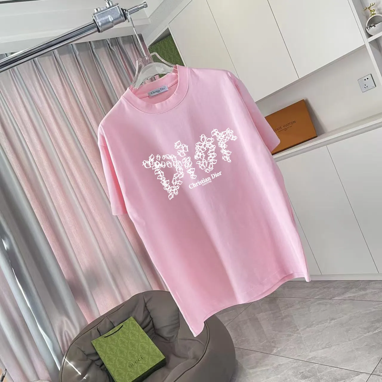 🅿️170 Dio Dior 2025 summer new style Personalized letter logo printing Short-sleeved T-shirt Customized fabric 300g Same style for men and women Color: Black White Pink Sky Blue Size: S M L XL XXL Five codes​