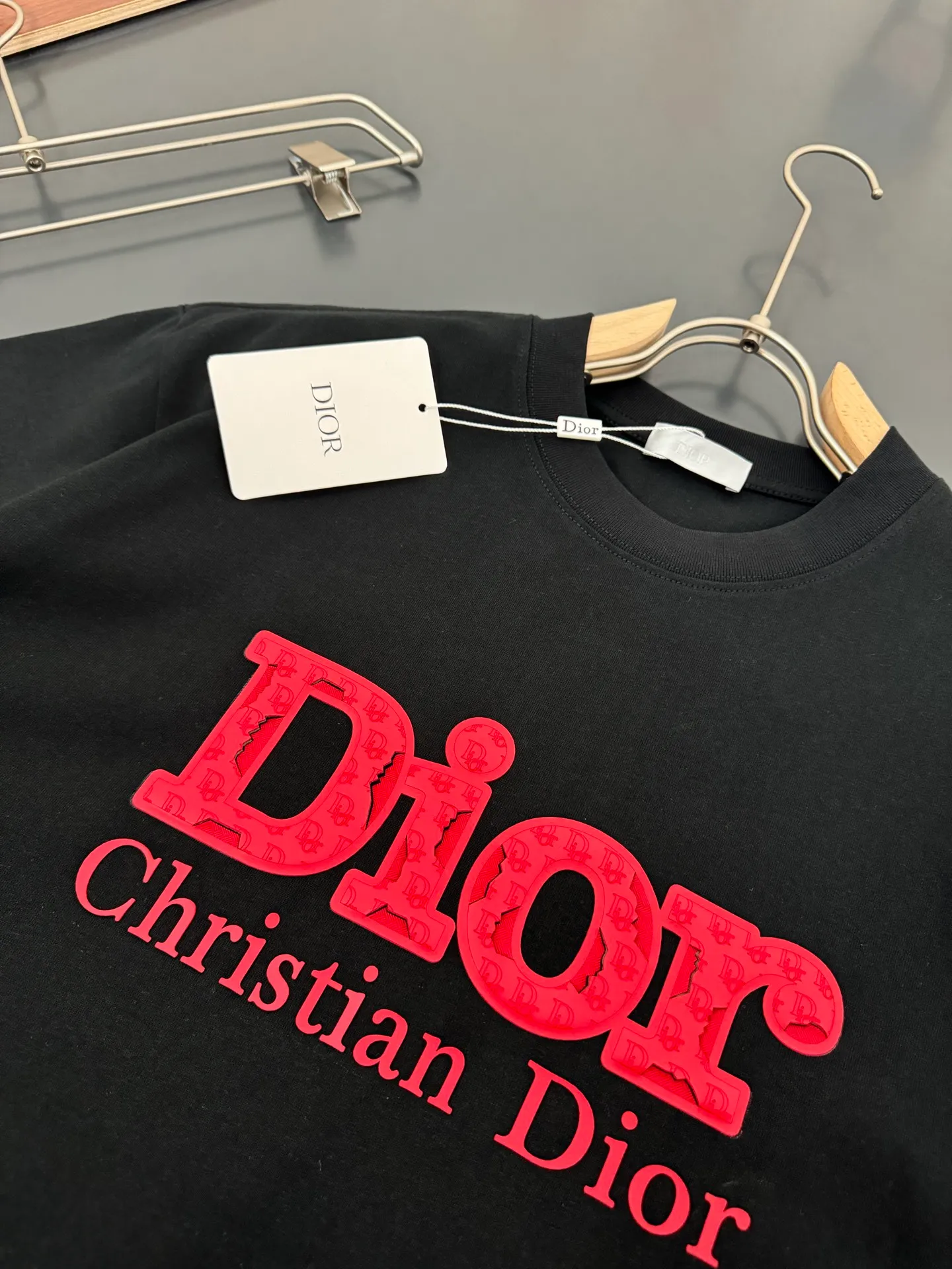 🅿️220 DIOR*Dior*320g heavyweight pure cotton t-shirt, thick, breathable and loose fit, heavy craftsmanship logo design, spring and summer new round neck fashionable short-sleeved t-shirt, comfortable to the skin, durable and easy to wear, meticulous original craftsmanship, a must-have for casual and versatile color: black white code number: S M L XL XXL