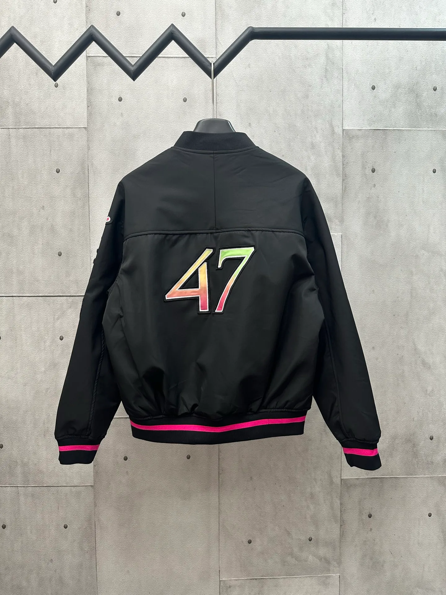 🅿️650 DIOR Lewis Hamilton 25SS co-branded embroidered baseball jacket, black background with pink trim, pink decoration on the cuffs and hem. Dior 47 logo on the chest, colorful lizard embroidery on the sleeves, and 47 number embroidery on the back. The fabric is comfortable and the workmanship is exquisite. Size: S M L XL