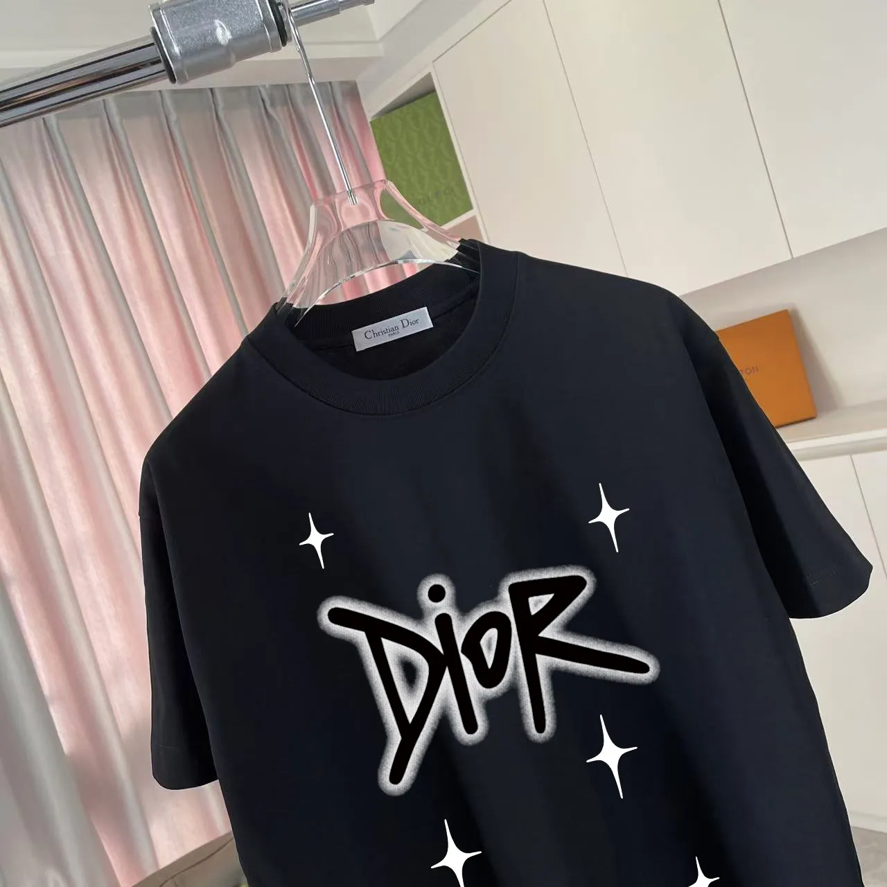 🅿️170 Dio*2025 autumn new style Personalized letter logo printing Short-sleeved T-shirt Customized fabric 300g Same style for men and women Color: black white lake green iron gray Size: S M L XL XXL five sizes