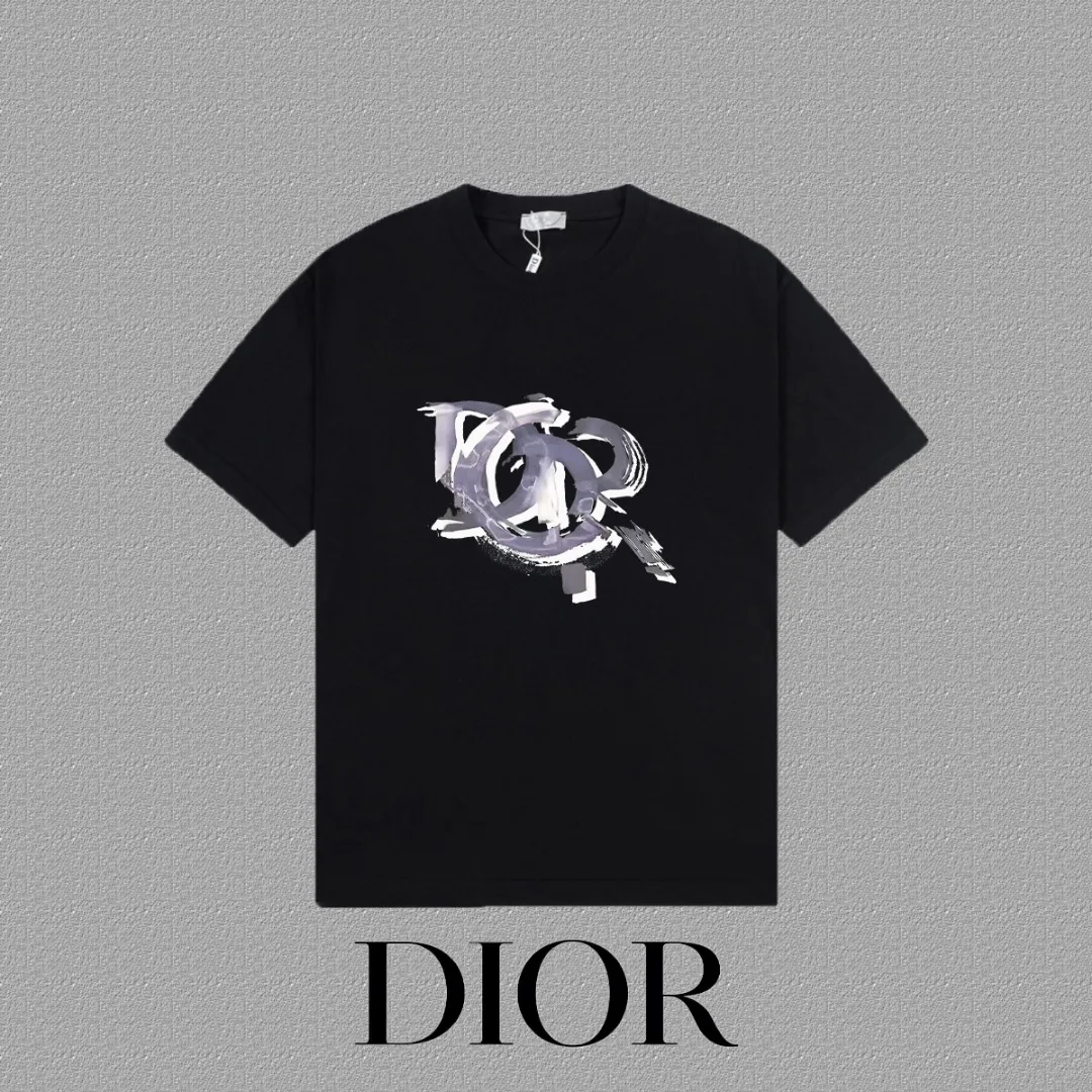 🅿️170 [DIOR Dior] 2025FW short-sleeved T-shirt LOGO printing High-end 26s double yarn 300g fabric Heavy fabric Customized frame ribbing in the same cylinder and dyeing Complete three standards Same style for men and women Color: Black White Size: S M L XL 2XL