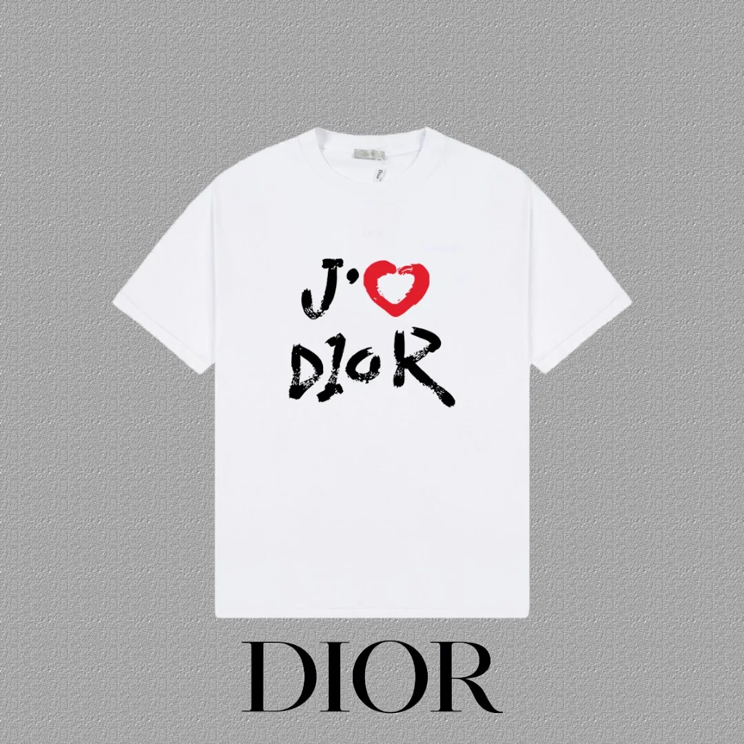 🅿️170 [DIOR Dior] 2025FW short-sleeved T-shirt LOGO printing High-end 26s double yarn 300g fabric Heavy fabric Customized frame ribbing in the same cylinder and dyeing Complete three standards Same style for men and women Color: Black White Size: S M L XL 2XL