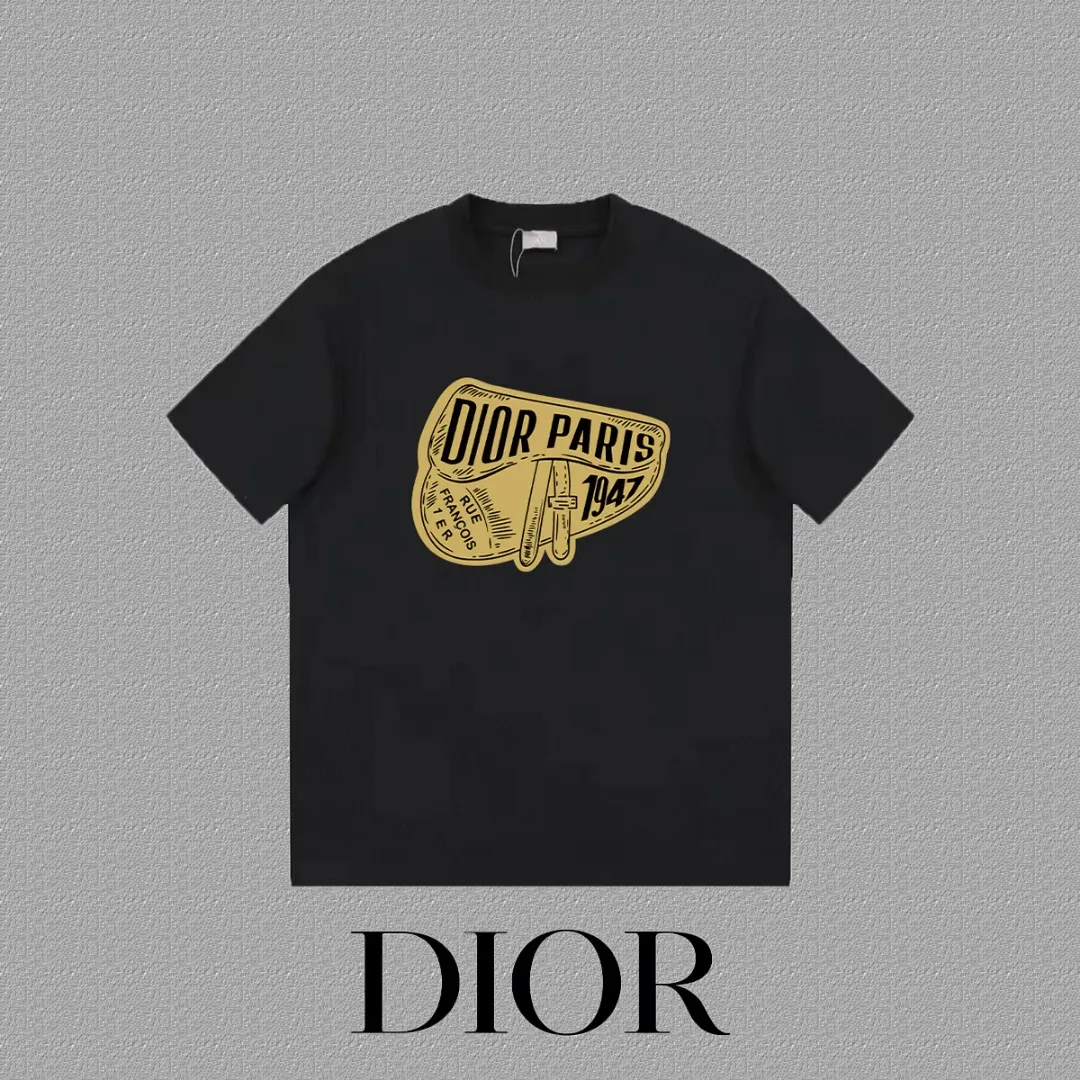 🅿️170 [DIOR Dior] 2025FW short-sleeved T-shirt LOGO printing High-end 26s double yarn 300g fabric Heavy fabric Customized frame ribbing in the same cylinder and dyeing Complete three standards Same style for men and women Color: Black White Size: S M L XL 2XL