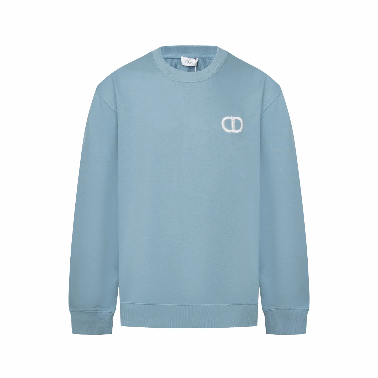 🅿️340 CD logo embroidered crew neck sweatshirt (blue) The fabric is made of high-quality blue cotton fleece fabric, which is soft and comfortable to the touch, bringing a warm wearing experience. The fabric is made of 100% cotton, which has good breathability and skin-friendliness. The sweatshirt adopts a regular fit design and is discreetly decorated with the same-tone CD Icon embroidery logo on the chest, showing exquisite craftsmanship in every detail. The collar, cuffs and hem are all designed with ribbed edges, which not only enhances the crispness of the overall silhouette, but also keeps the clothing durable and without deformation. Exquisite sewing technology ensures that every seam is smooth and firm, reflecting the brand's strict requirements for quality. This sweatshirt not only retains the comfort of sports and leisure, but also shows the texture of high fashion through exquisite detail processing, making it suitable for daily wear in various occasions. Size:S-M-L-XL