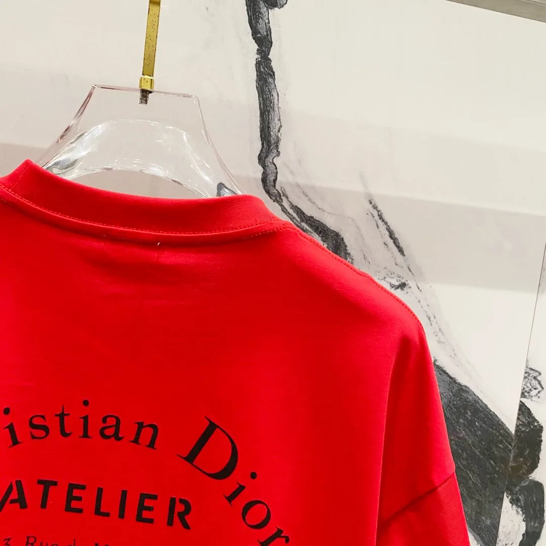 🅿️180 DIOR 260g round neck short-sleeved T-shirt with brand letter printed LOGO on the front and back, official synchronization, high version, high quality, fashionable personality, versatile trend, pure original quality, original fabric, tag, collar label, washed wheat, complete three labels, color: black, apricot, red. Size: XS-L