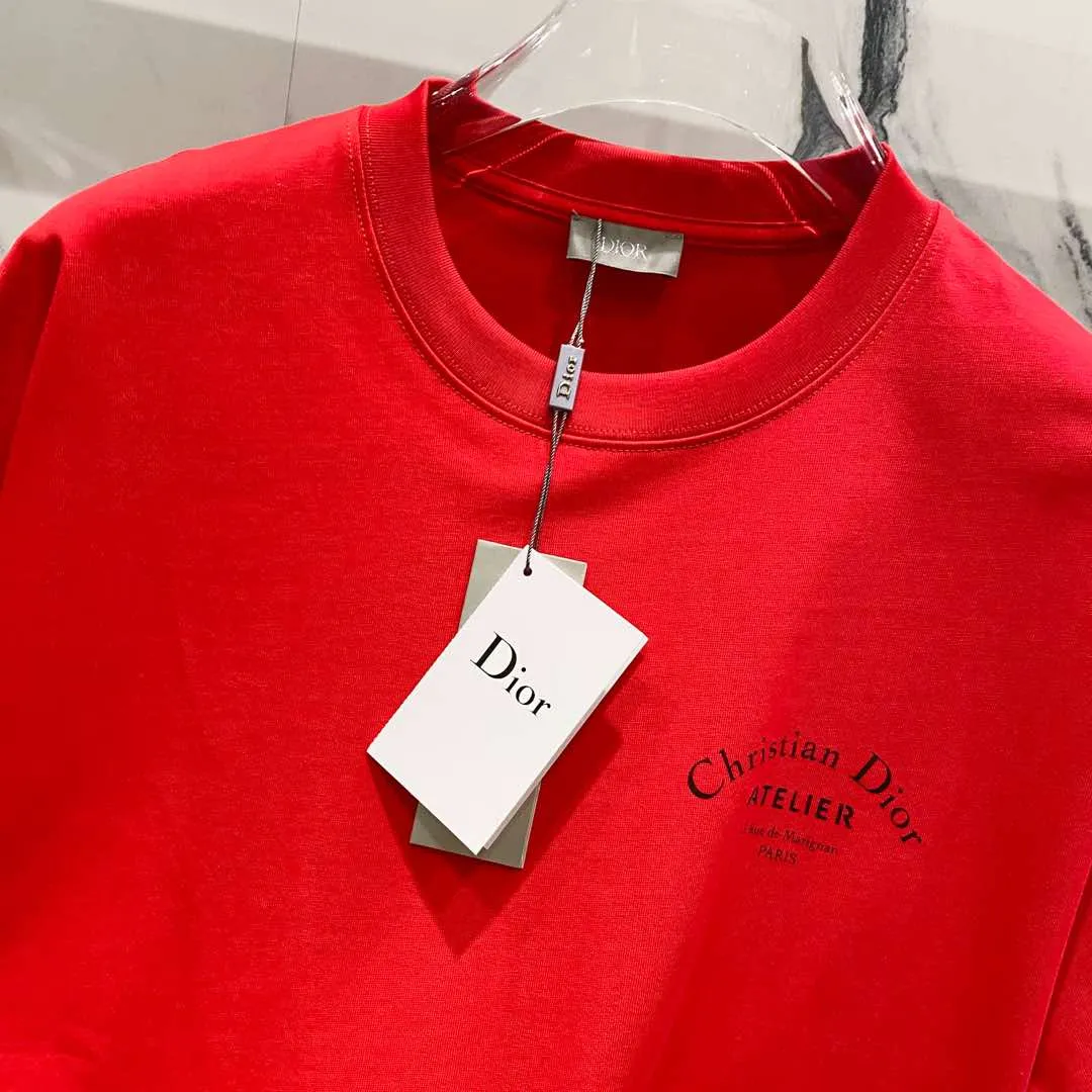 🅿️180 DIOR 260g round neck short-sleeved T-shirt with brand letter printed LOGO on the front and back, official synchronization, high version, high quality, fashionable personality, versatile trend, pure original quality, original fabric, tag, collar label, washed wheat, complete three labels, color: black, apricot, red. Size: XS-L