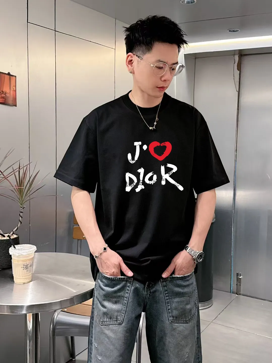 🅿️170 [DIOR Dior] 2025FW short-sleeved T-shirt LOGO printing High-end 26s double yarn 300g fabric Heavy fabric Customized frame ribbing in the same cylinder and dyeing Complete three standards Same style for men and women Color: Black White Size: S M L XL 2XL