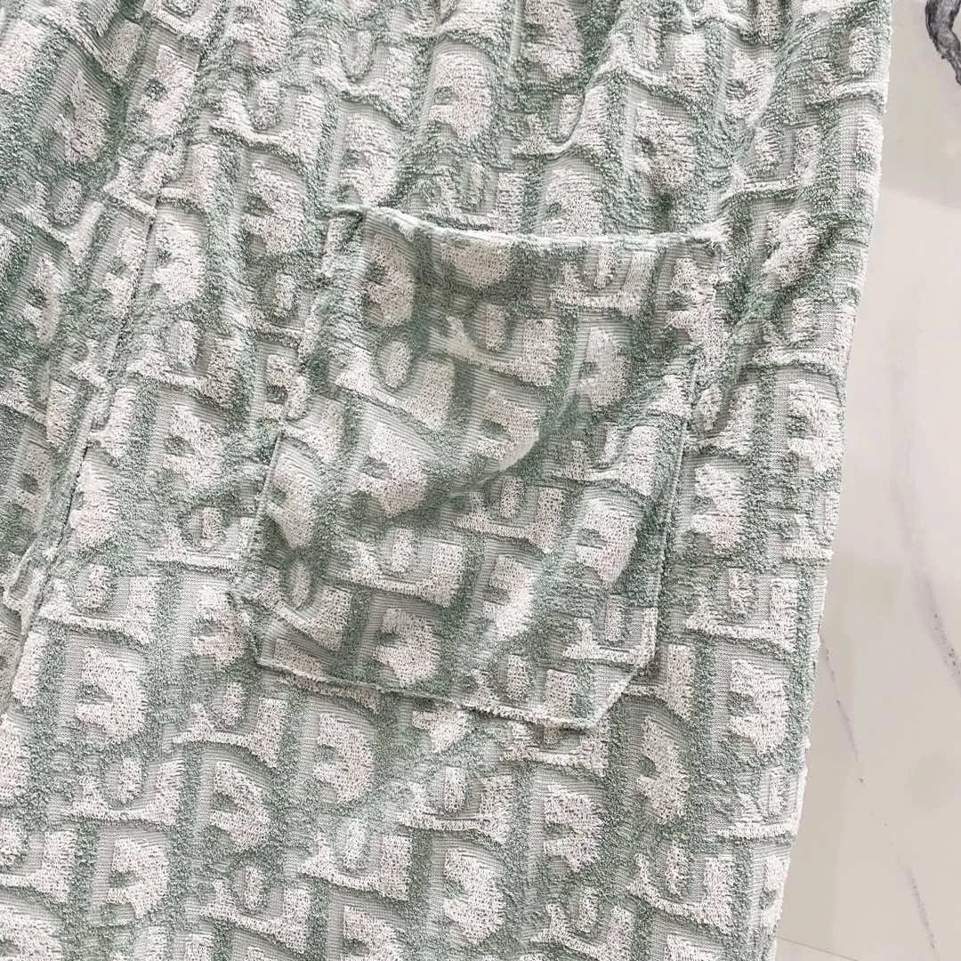 🅿️210 DIOR towel fabric shorts, full printed presbyopic letter LOGO towel fabric set, official synchronization, high version, high quality, fashionable personality, versatile trend, pure original quality, original fabric, tag, collar label, washed wheat, complete three standards, color: black, blue, light green. Size: XS-L
