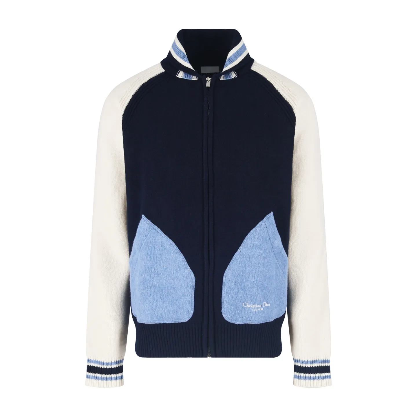 🅿️800 [Exclusive supply] CD lily of the valley embroidered college style zipper knitted jacket. This Christian Dr Couture lily of the valley embroidered two-color college style cardigan is a new product in the 2025 autumn men's wear series, reinterpreting college style with a color-blocking design. Crafted from blue and beige jersey felt, it features contrasting pockets and sleeves. Decorated with Christian Dr Couture embroidery and accented with beads and lily of the valley flowers, it pays homage to Mr. Dr's love of flowers. Pair with other pieces from the collection for a sophisticated look. Size:S-M-L