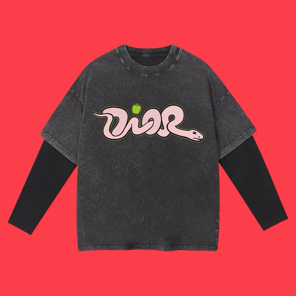 🅿️240 (cooperation profit) High-end quality DIOR 2025SS spring and summer wear fake two-piece washed snowflake series Year of the Snake 🐍 series fake two-piece long T-shirt Using imported Kornit digital direct-injection printing High-quality trendy brand 100% cotton washed 260G fabric dyed ready-made garments dyed➕washed fried snowflake OS loose off-shoulder version same style for men and women size：S.M.L.XL.2XL