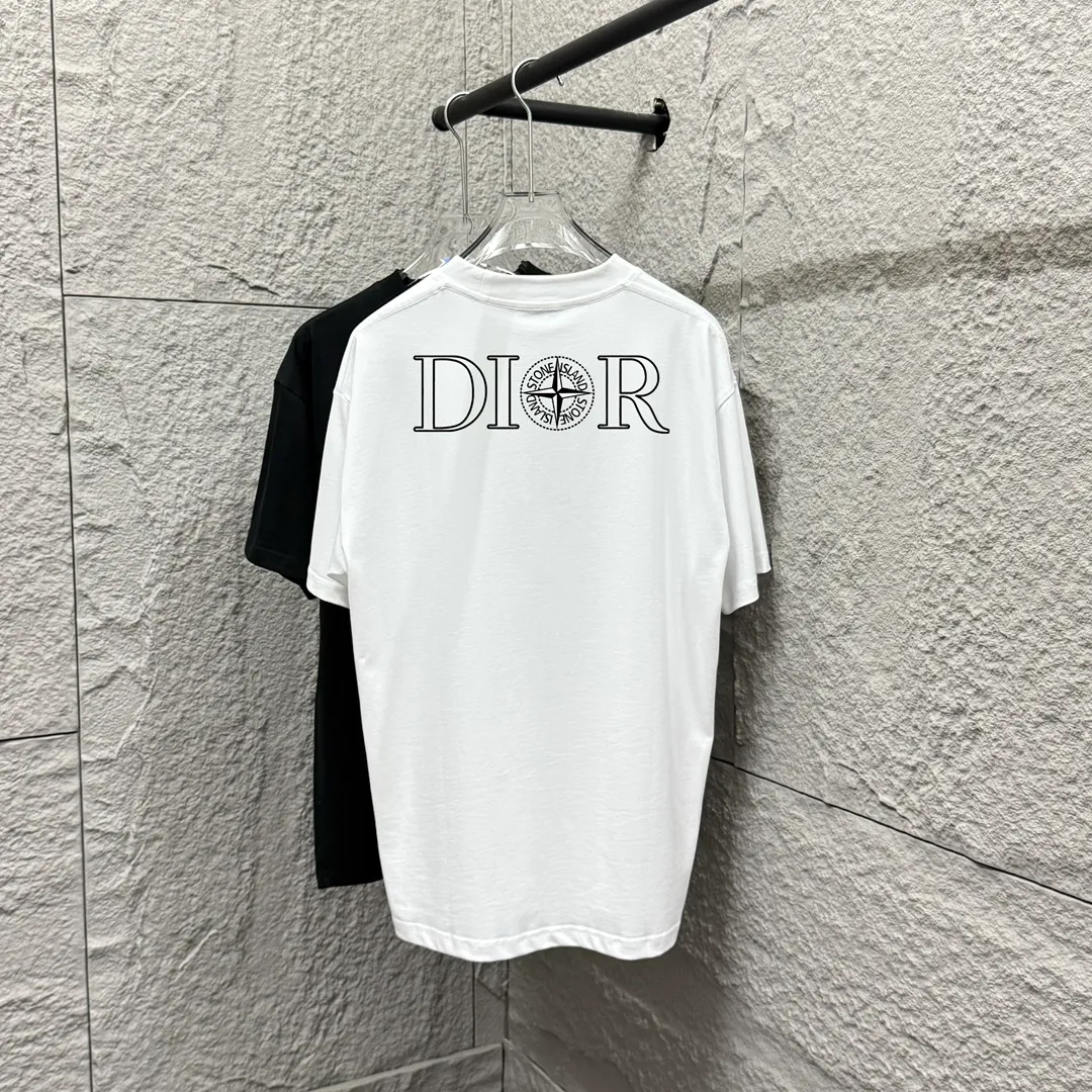 🅿️190 Dio*Dior 2025 spring and summer new style Stone joint letters embroidery Back printing Customized double yarn plain cotton fabric Short-sleeved T-shirt Unisex Size: S (90-130 catties) M (120-150 catties) L (140-165 catties) XL (160-180 catties) XXL (180-210 catties) Color: black white