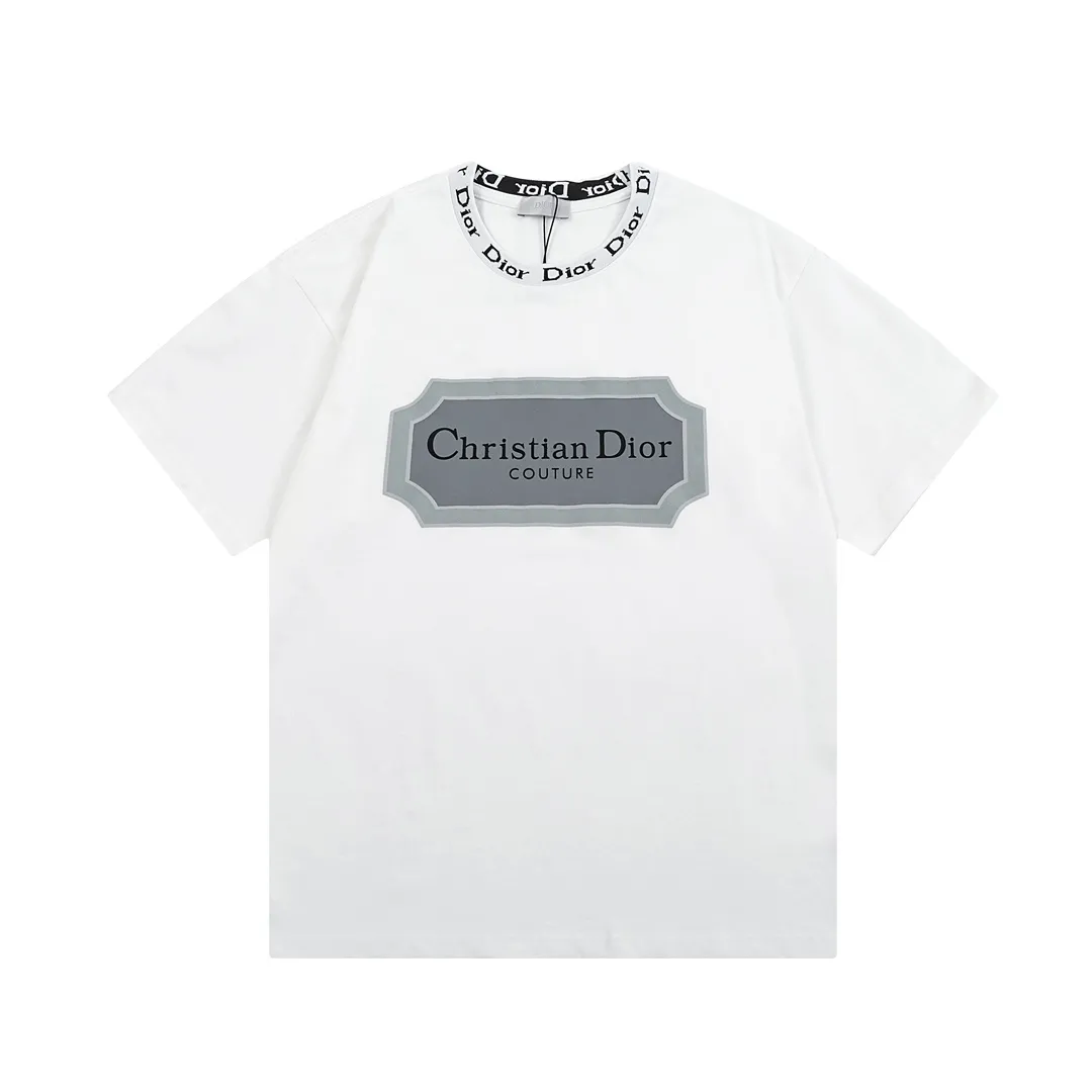 🅿️180 high version DIOR Dior 2025 early spring new style customized 310g double yarn pure cotton fabric letter logo collar chest flocking foam frame technology same style for men and women short-sleeved T-shirt Color: White Size: S-XL