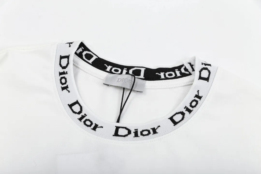 🅿️180 high version DIOR Dior 2025 early spring new style customized 310g double yarn pure cotton fabric letter logo collar chest flocking foam frame technology same style for men and women short-sleeved T-shirt Color: White Size: S-XL