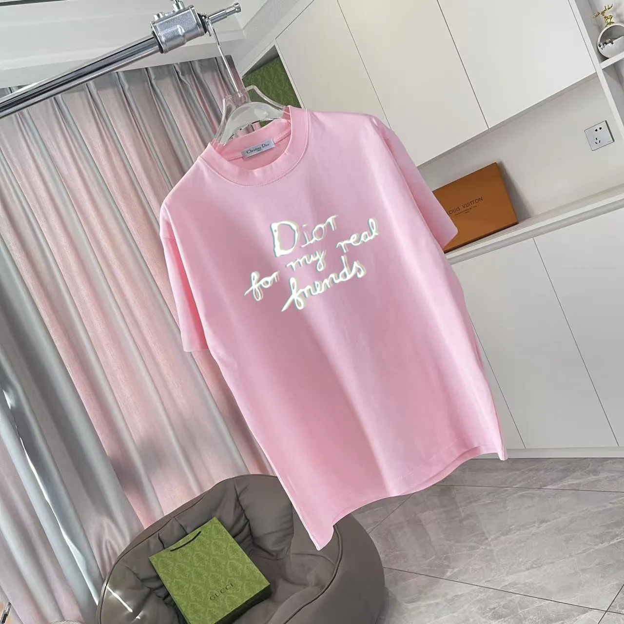 🅿️180 Dio Dior 2025 spring and summer new style personalized letter logo printing short-sleeved T-shirt customized fabric 300g same style for men and women Color: black white pink sky blue iron gray Size: S M L XL XXL five sizes ​