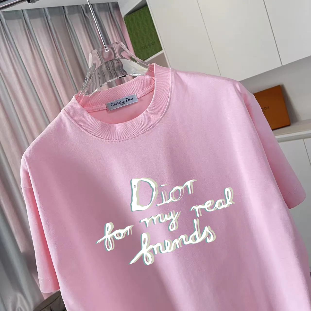 🅿️180 Dio Dior 2025 spring and summer new style personalized letter logo printing short-sleeved T-shirt customized fabric 300g same style for men and women Color: black white pink sky blue iron gray Size: S M L XL XXL five sizes ​