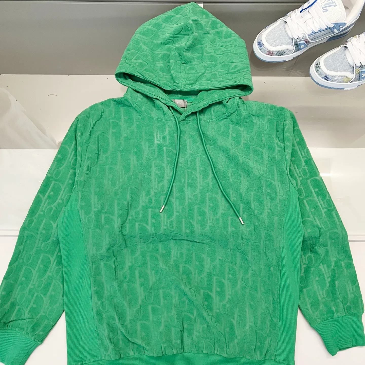 🅿️290 DIOR/Dior 420g custom jacquard fabric hooded sweatshirt, classic presbyopia dark pattern letters LOGO jacquard logo, official synchronization, high version, high quality, fashionable personality, versatile trend, pure original quality, original fabric, hangtag, collar label, washed wheat, three complete labels, color: black, white, royal blue, green, light blue, brown. Size: XS-L