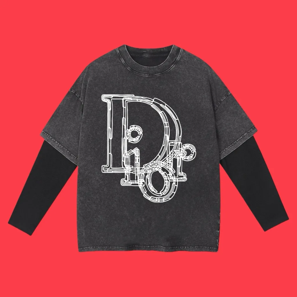 🅿️240 (Profit from cooperation) High-end quality DIOR 2025SS spring and summer clothing Fake two-piece washed snowflake series Fake two-piece long T-shirt with line logo Adopt imported Kornit digital direct printing printing High-quality trendy brand 100% cotton washed 260G fabric dyed ready-made garments dyed ➕ washed fried snowflake OS loose off-shoulder version Unisex size: S.M.L.XL.2XL