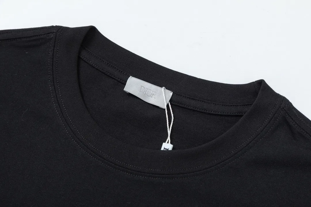 🅿️170 Dior 2025 early spring new style, customized 270g double yarn pure cotton fabric, embroidered fake pockets, hollow letter logo, couple style, short-sleeved T-shirt, color: black, size: XS-L