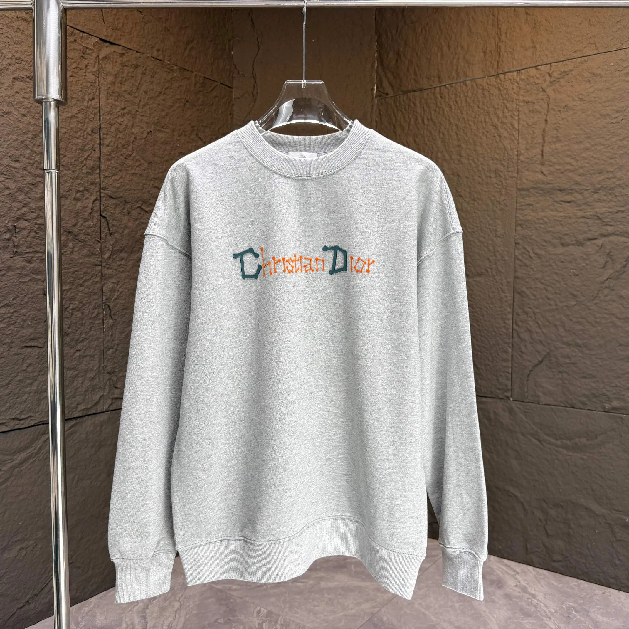 🅿️250 Dio* Dior* 2025 autumn and winter new round neck sweatshirt 400 grams terry cotton letter logo flocking ➕skin-feeling cotton Color: Black White Blue Gray Size: S M L XL XXL