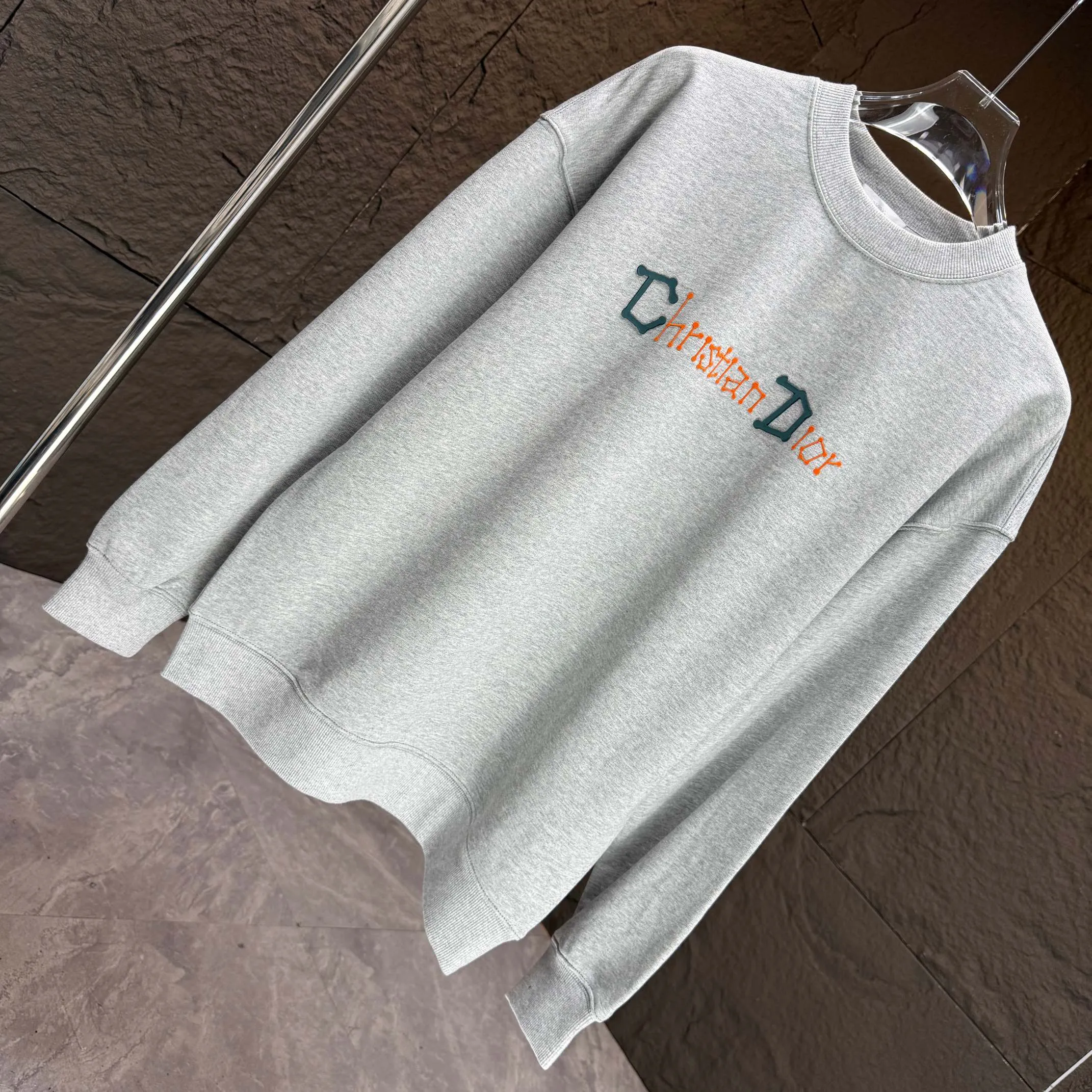 🅿️250 Dio* Dior* 2025 autumn and winter new round neck sweatshirt 400 grams terry cotton letter logo flocking ➕skin-feeling cotton Color: Black White Blue Gray Size: S M L XL XXL