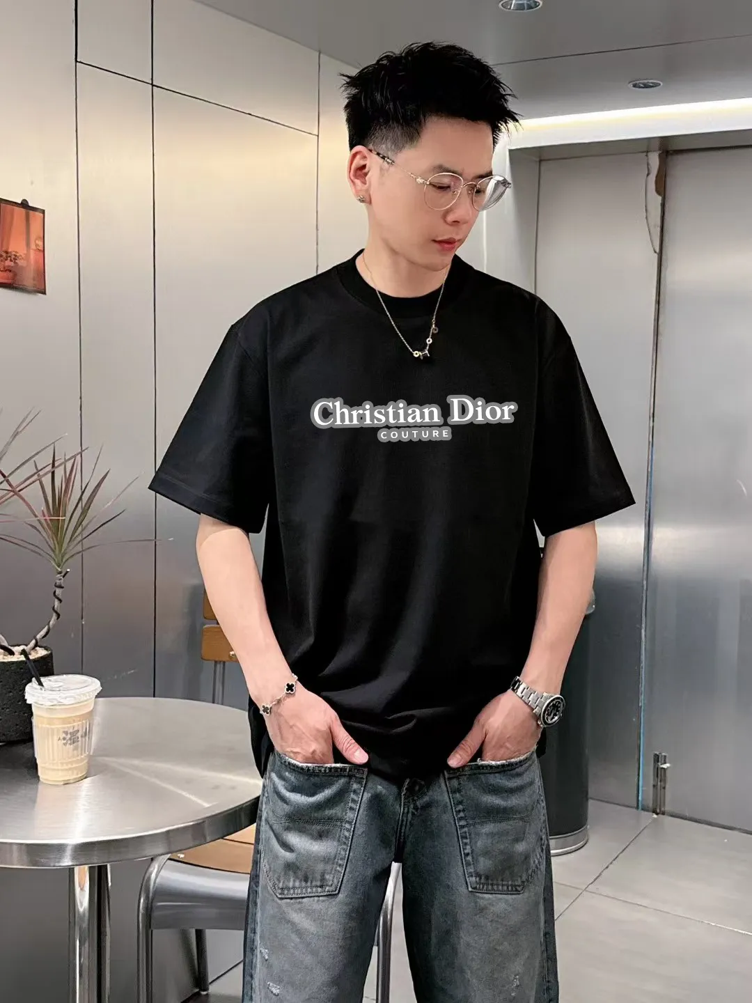 🅿️170 [DIOR Dior] 2025FW short-sleeved T-shirt LOGO printing High-end 26s double yarn 300g fabric Heavy fabric Customized frame ribbing in the same cylinder and dyeing Complete three standards Same style for men and women Color: Black White Size: S M L XL 2XL