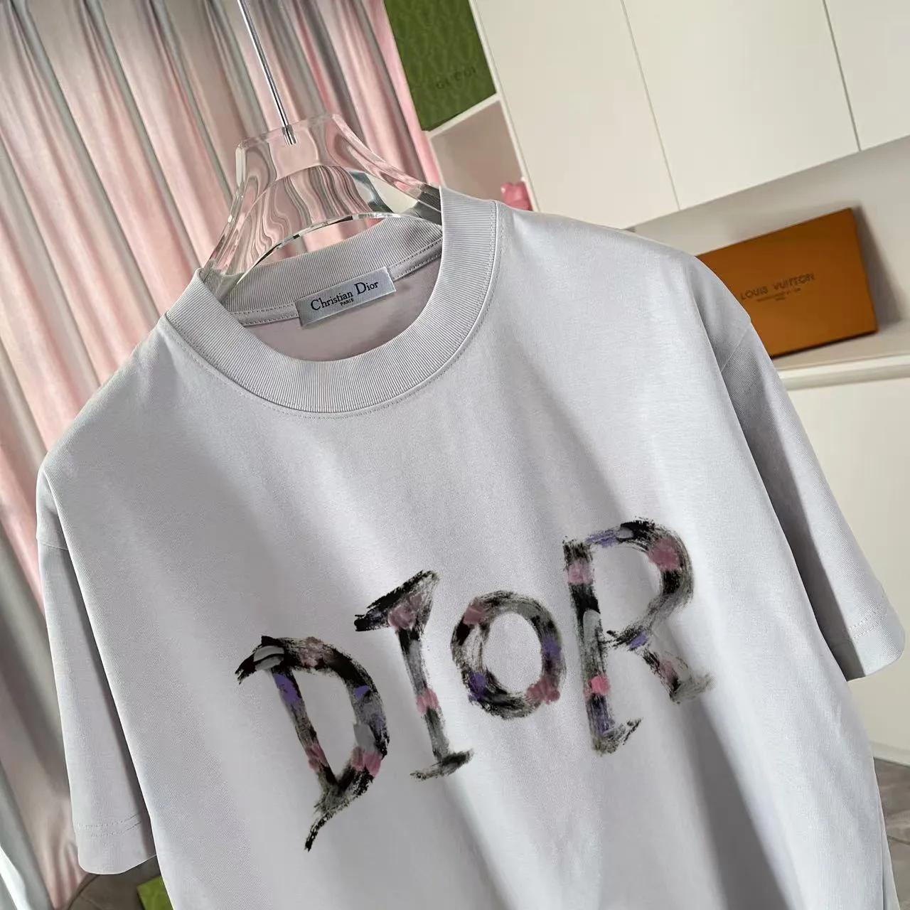 🅿️170 Dio*2025 autumn new style Personalized letter logo printing Short-sleeved T-shirt Customized fabric 300g Same style for men and women Color: Black White Pink Iron Gray Size: S M L XL XXL Five codes