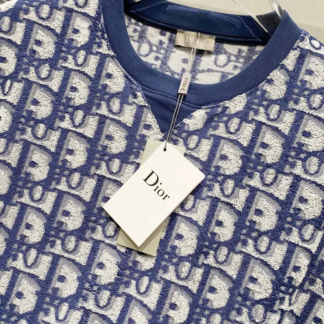 🅿️180 DIOR 260g round neck short-sleeved T-shirt, towel fabric with presbyopic letters LOGO printed all over, official synchronization, high version, high quality, fashionable personality, versatile trend, pure original quality, original fabric, tag, collar label, washed wheat, complete three standards, color: black, blue, light green. Size: XS-L