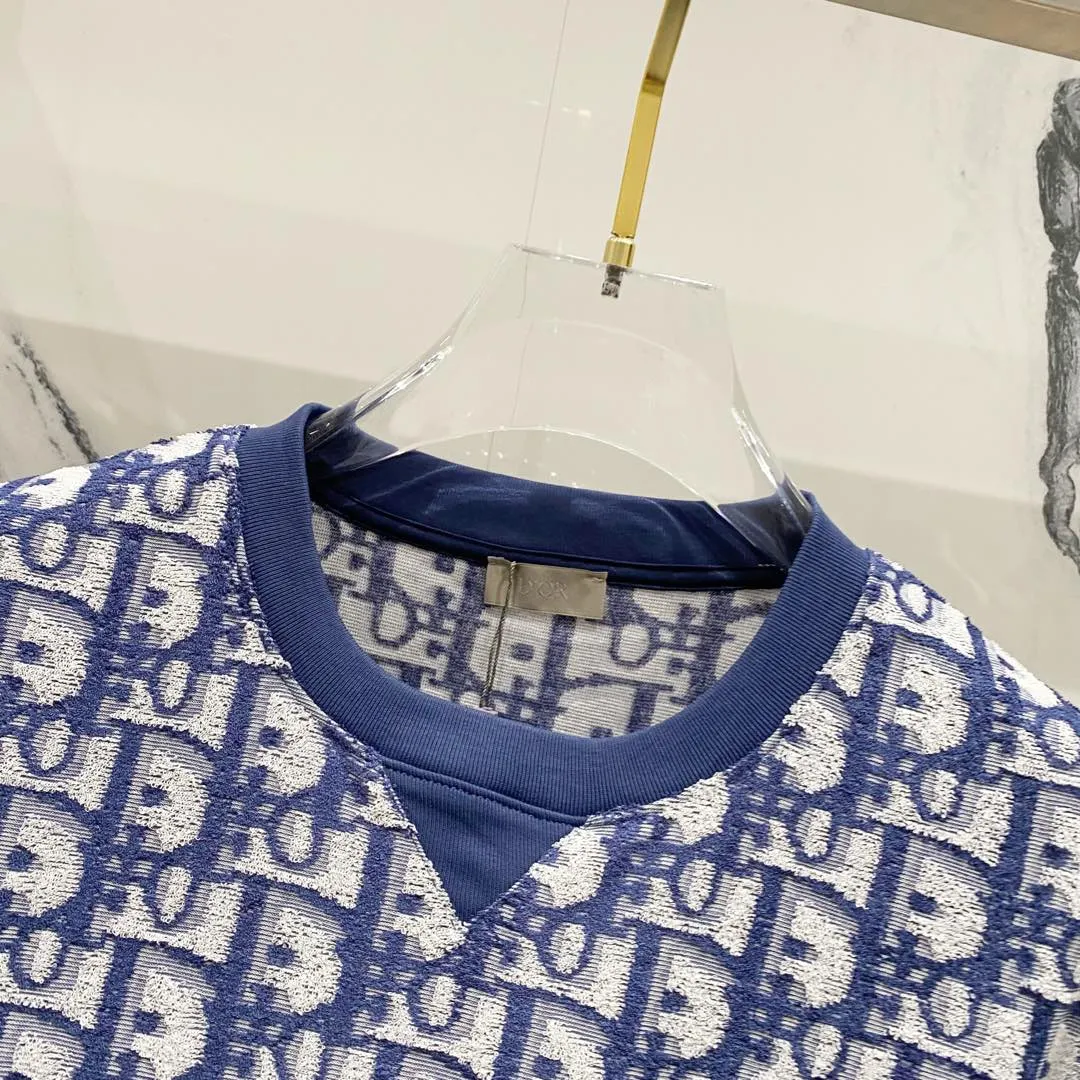 🅿️180 DIOR 260g round neck short-sleeved T-shirt, towel fabric with presbyopic letters LOGO printed all over, official synchronization, high version, high quality, fashionable personality, versatile trend, pure original quality, original fabric, tag, collar label, washed wheat, complete three standards, color: black, blue, light green. Size: XS-L