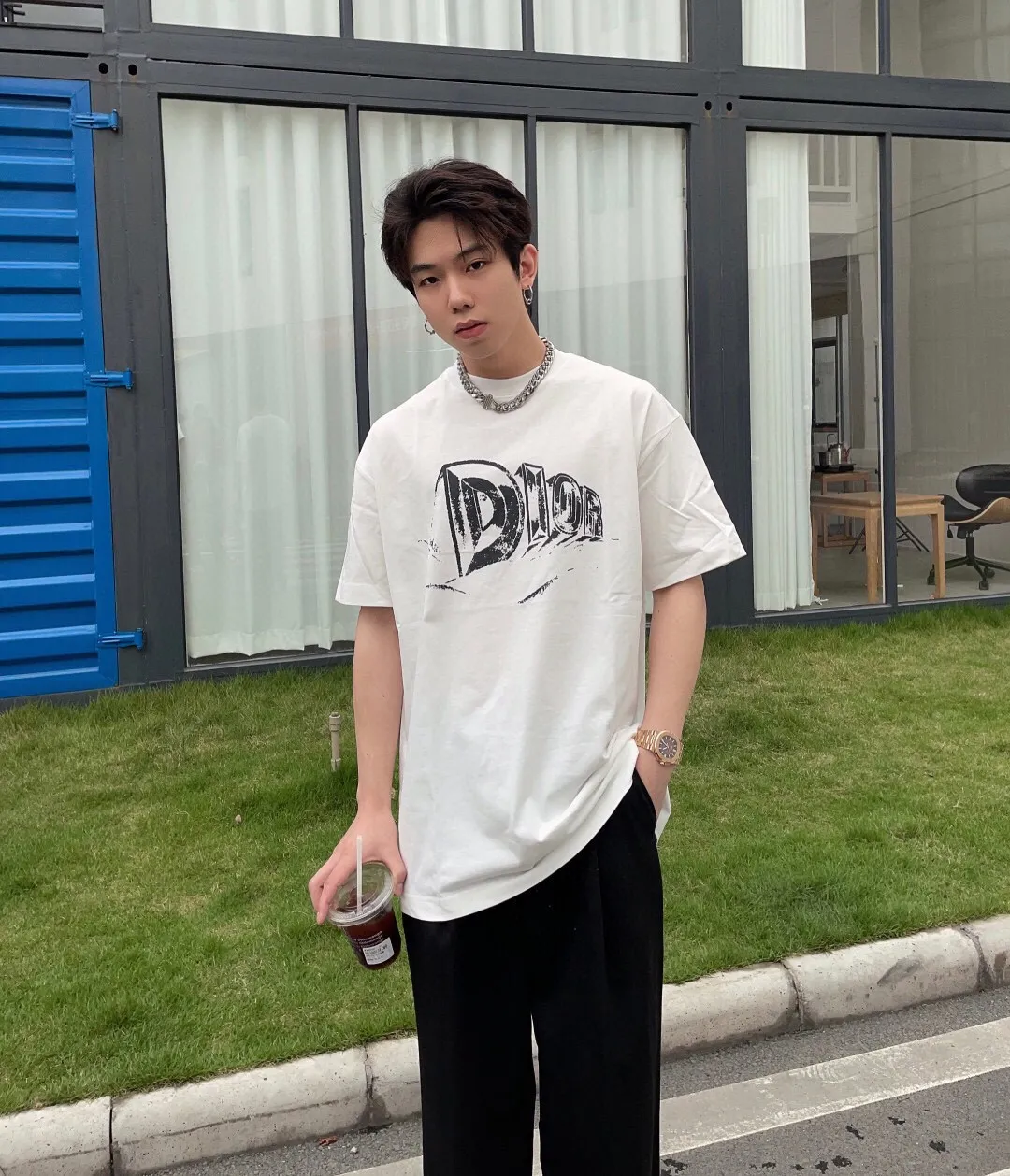 🅿️170 [DIOR Dior] 2025FW short-sleeved T-shirt LOGO printing High-end 26s double yarn 300g fabric Heavy fabric Customized frame ribbing in the same cylinder and dyeing Complete three standards Same style for men and women Color: Black White Size: S M L XL 2XL