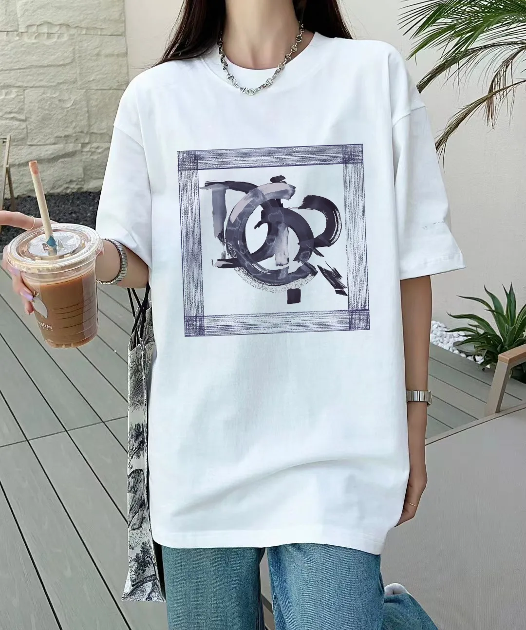 🅿️170 [DIOR Dior] 2025FW short-sleeved T-shirt LOGO printing High-end 26s double yarn 300g fabric Heavy fabric Customized frame ribbing in the same cylinder and dyeing Complete three standards Same style for men and women Color: Black White Size: S M L XL 2XL
