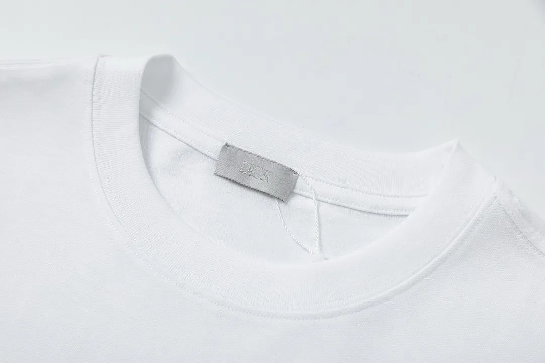 🅿️170 Dior 2025 early spring new style, customized 270g double yarn pure cotton fabric, embroidered fake pockets, hollow letter logo, same style for men and women, short-sleeved T-shirt, color: white, size: XS-L
