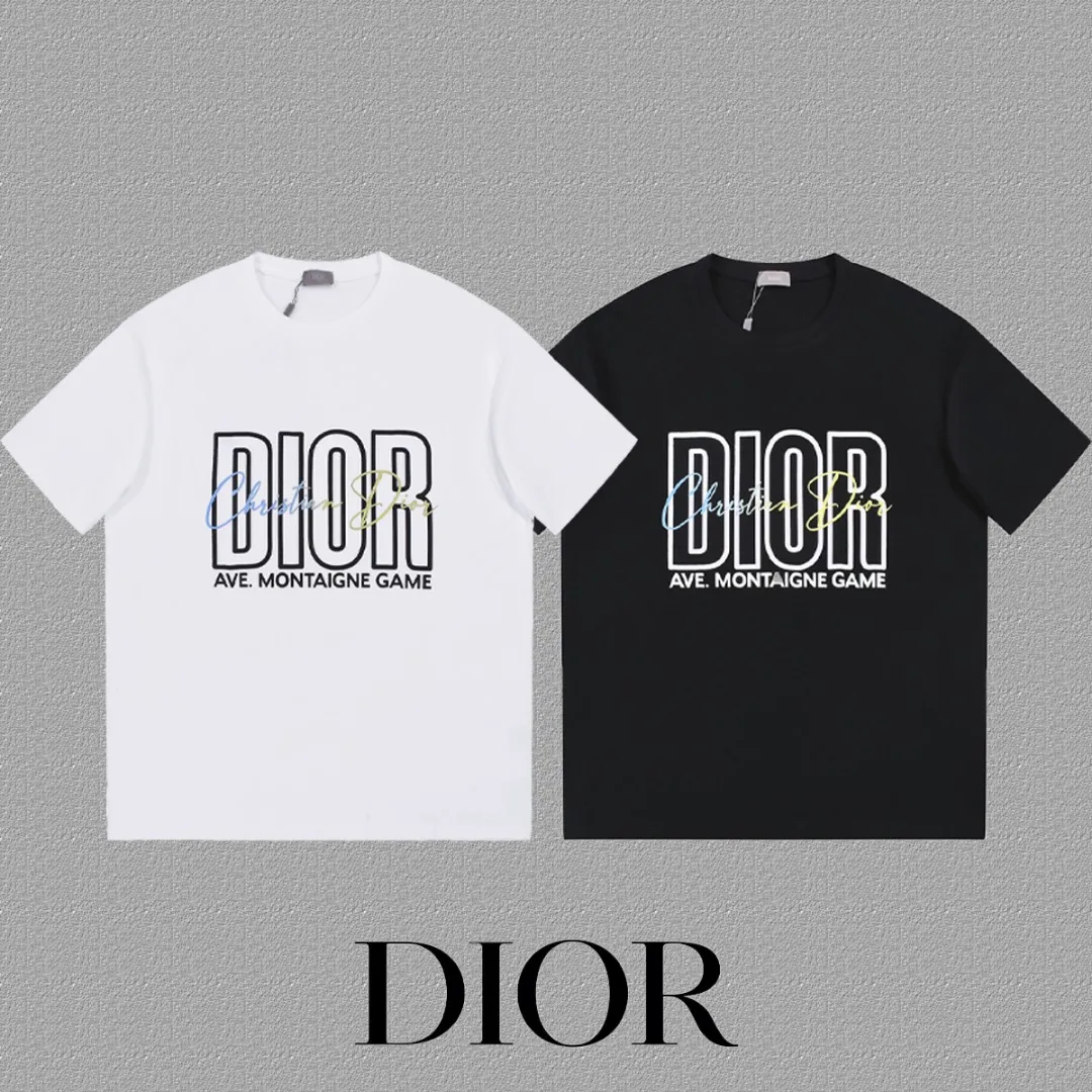 🅿️170 [DIOR Dior] 2025FW short-sleeved T-shirt LOGO printing High-end 26s double yarn 300g fabric Heavy fabric Customized frame ribbing in the same cylinder and dyeing Complete three standards Same style for men and women Color: Black White Size: S M L XL 2XL