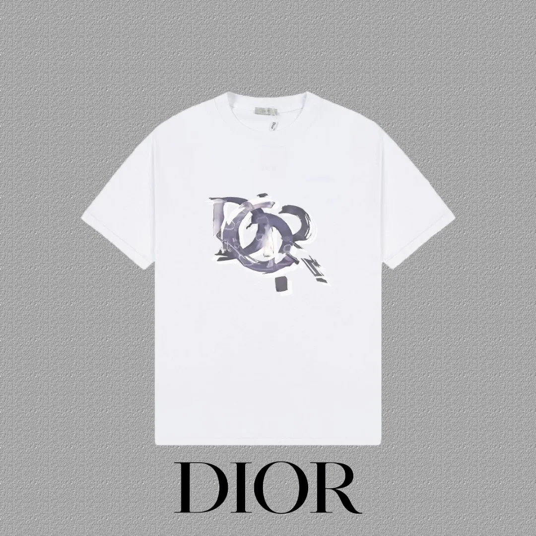 🅿️170 [DIOR Dior] 2025FW short-sleeved T-shirt LOGO printing High-end 26s double yarn 300g fabric Heavy fabric Customized frame ribbing in the same cylinder and dyeing Complete three standards Same style for men and women Color: Black White Size: S M L XL 2XL