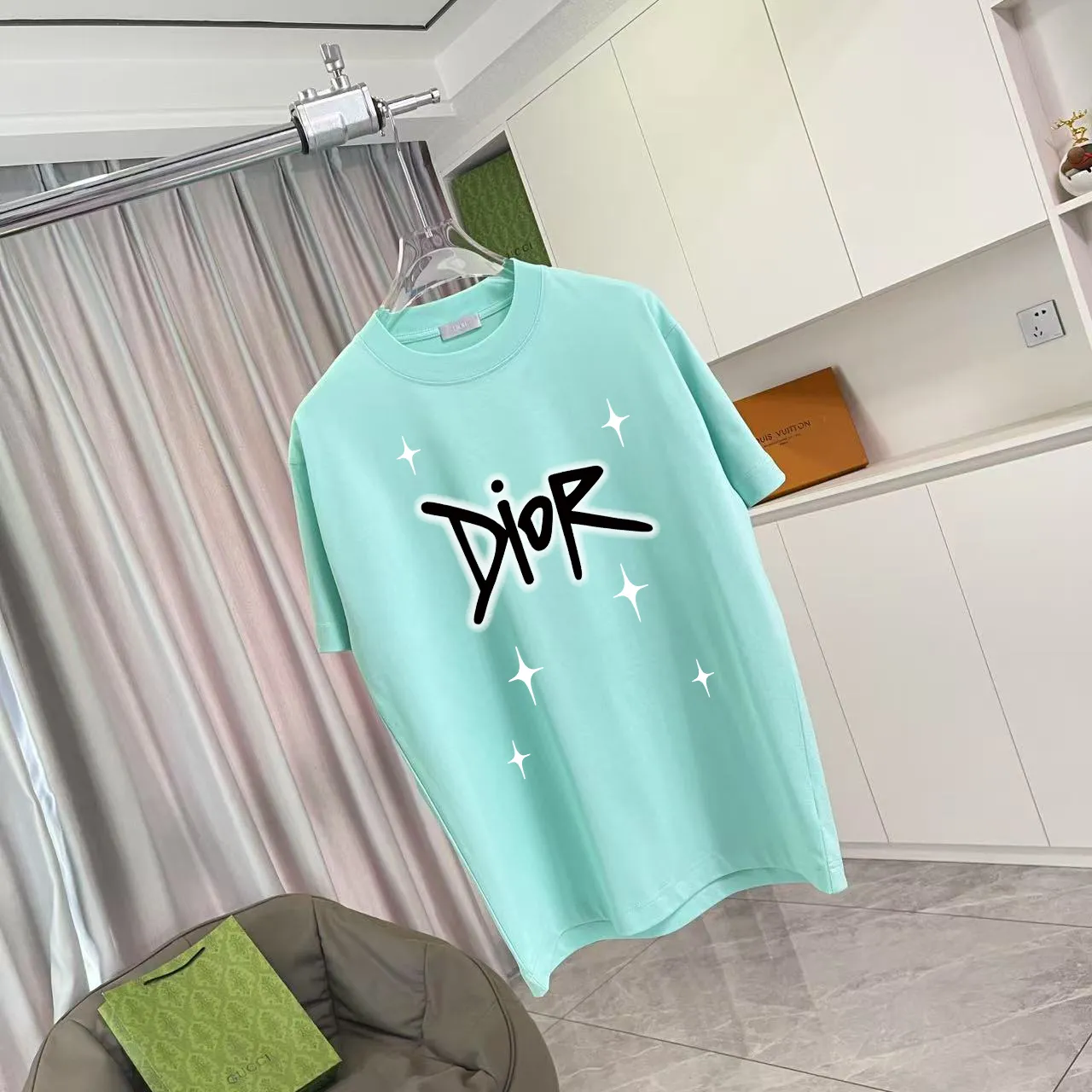 🅿️170 Dio*2025 autumn new style Personalized letter logo printing Short-sleeved T-shirt Customized fabric 300g Same style for men and women Color: black white lake green iron gray Size: S M L XL XXL five sizes