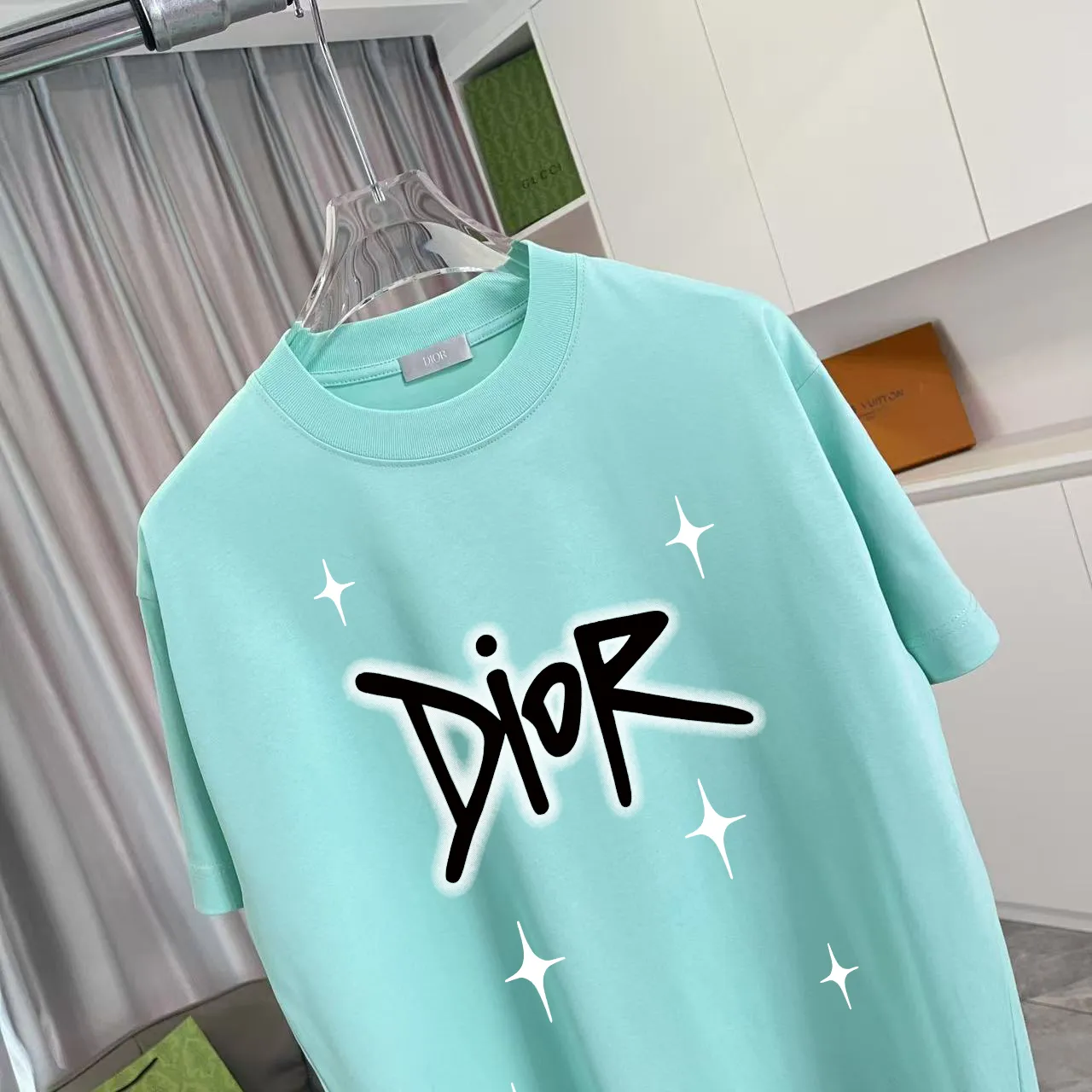 🅿️170 Dio*2025 autumn new style Personalized letter logo printing Short-sleeved T-shirt Customized fabric 300g Same style for men and women Color: black white lake green iron gray Size: S M L XL XXL five sizes