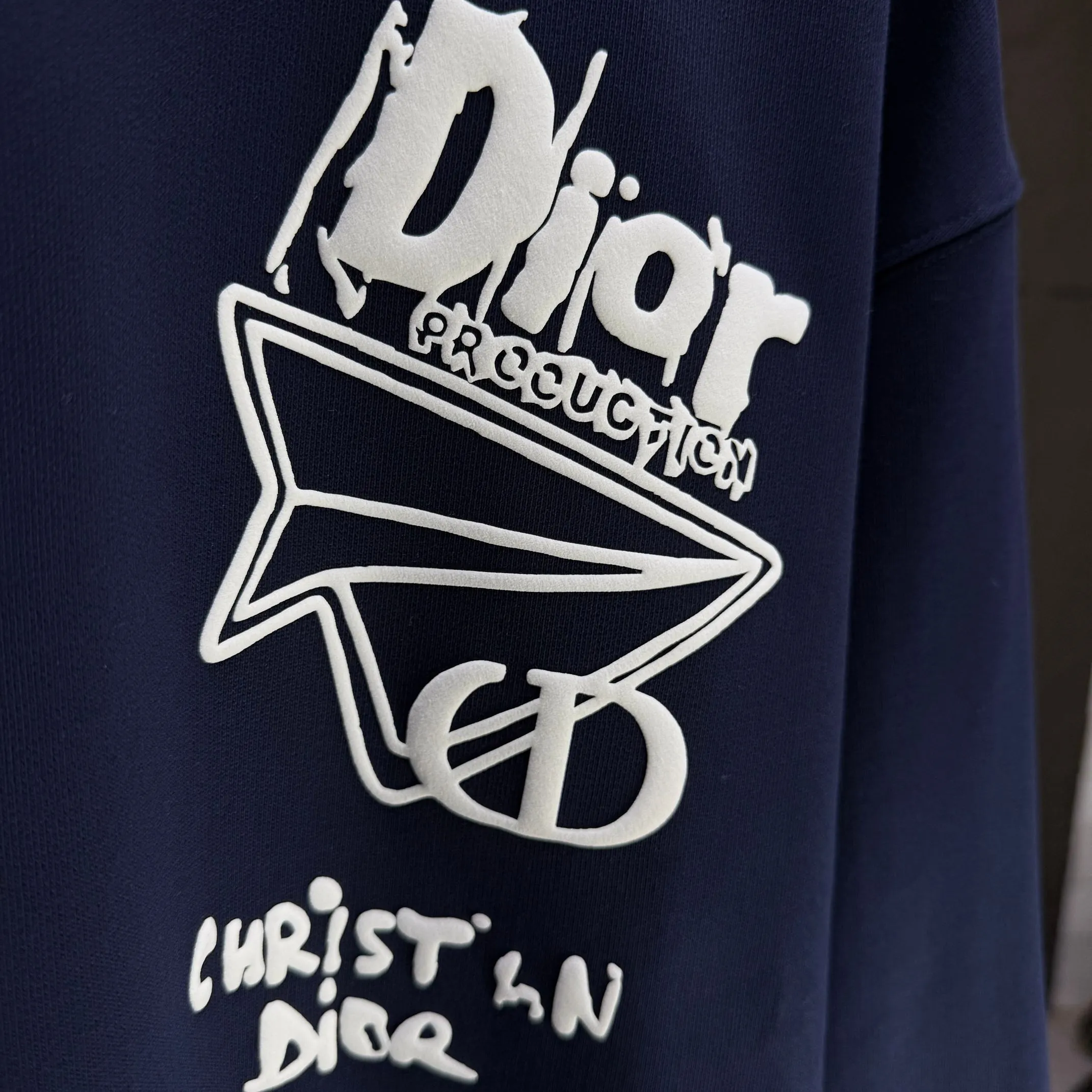 🅿️240 Dio* Dior* 2025 autumn and winter new round neck sweatshirt 400g terry cotton letter logo three-dimensional foam Color: Black White Blue Gray Size: S M L XL XXL