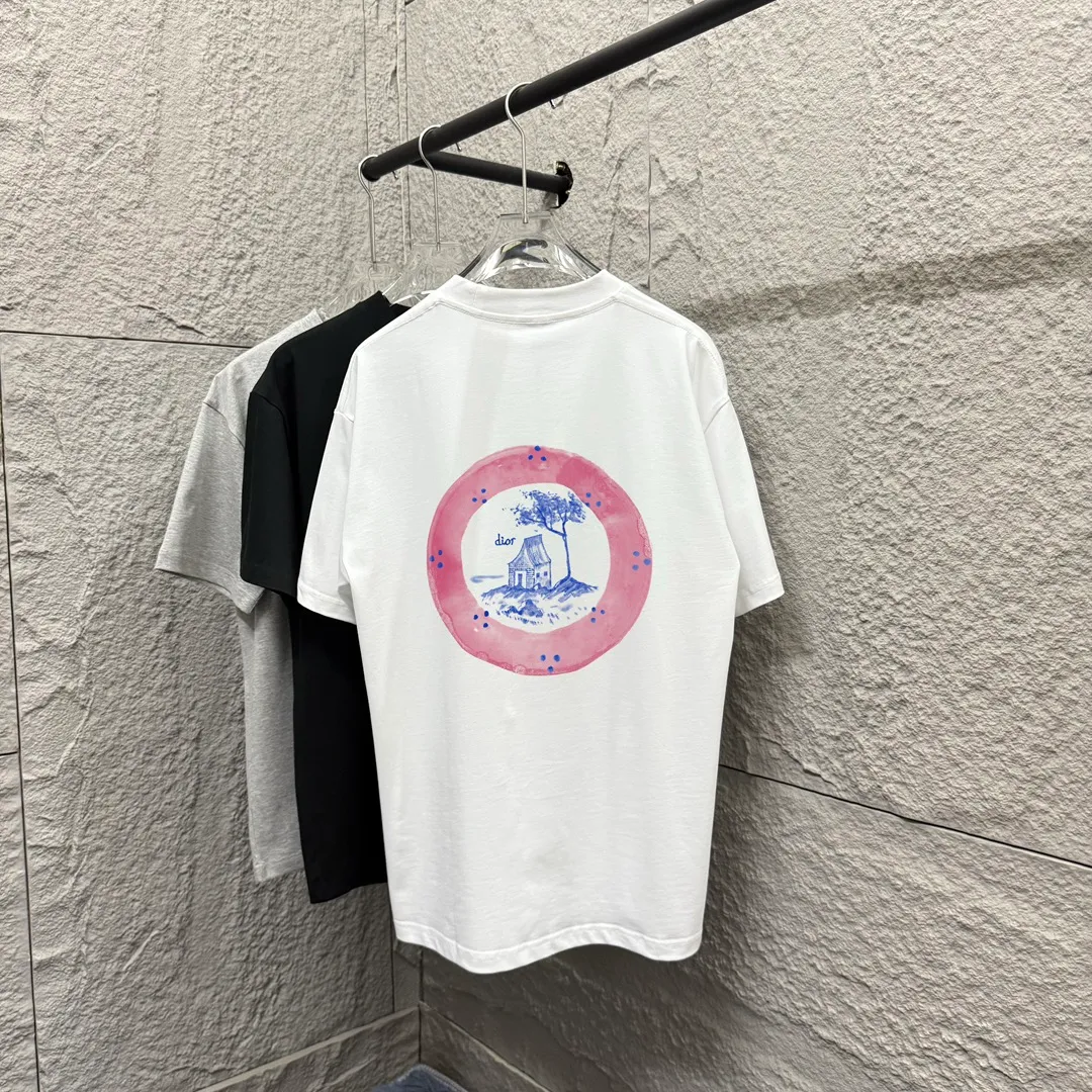 🅿️180 Dio*Dior* 2025 Spring and Summer Style Blue letters printed personalized logo Customized double yarn plain cotton fabric Short-sleeved T-shirt Uniform for men and women Color: White Black Light Blue Size: S (90-130 catties) M (120-150 catties) L (140-165 catties) XL (160-180 catties) XXL (180-210 pounds)