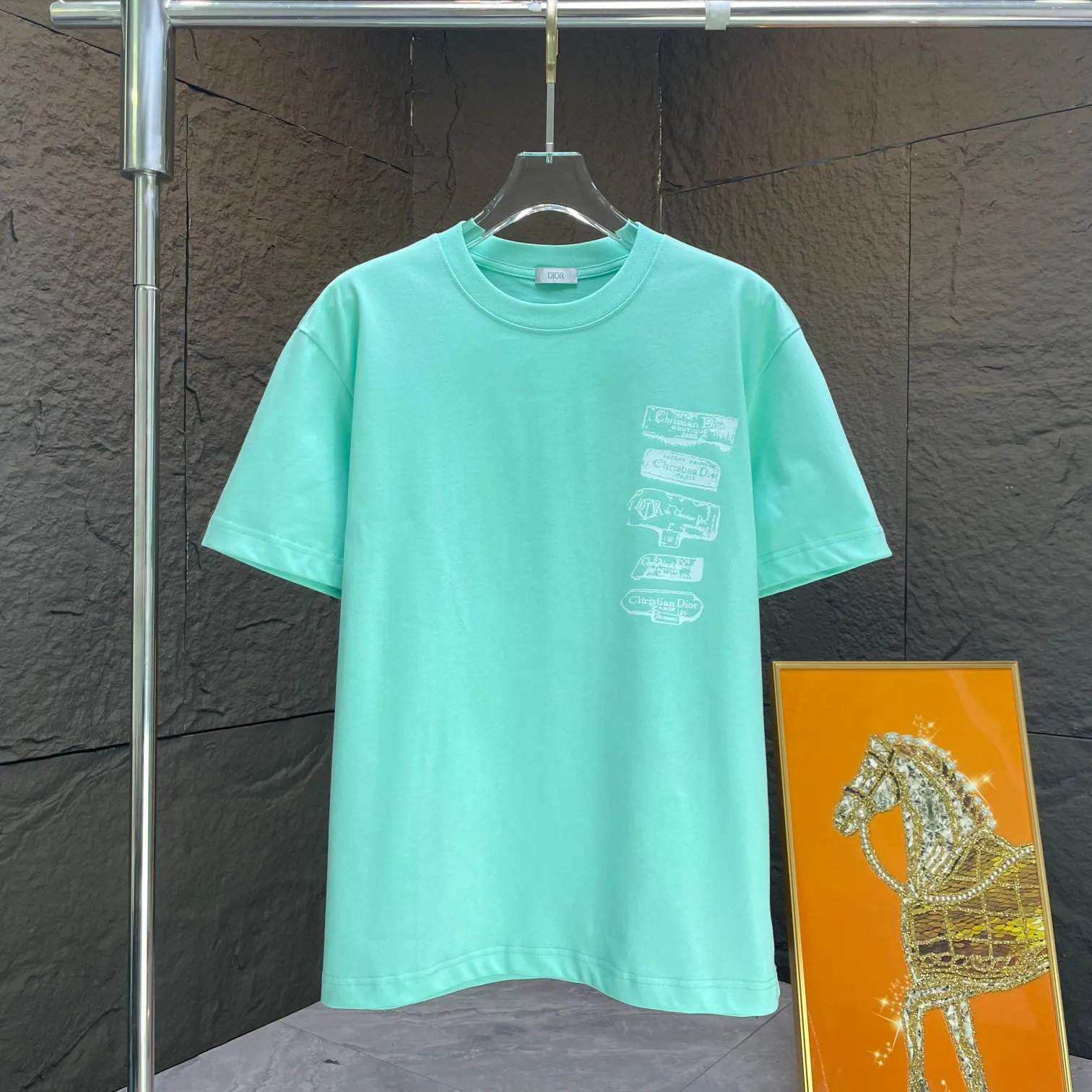 🅿️170 Dio* Dior* 2025 spring and summer new short-sleeved T-shirt Heavy cotton letter pattern printing Color: Black White Mint Green Size: S M L XL XXL