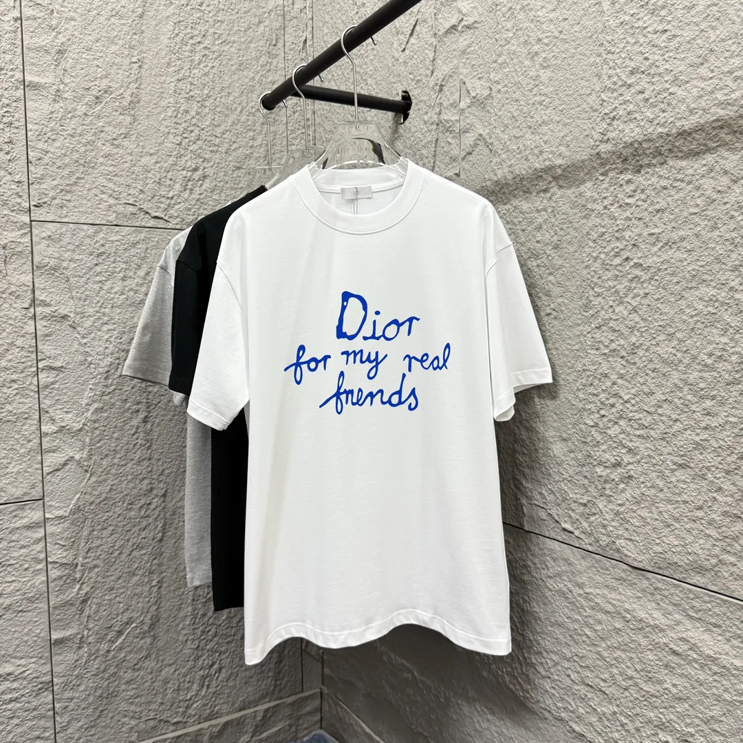 🅿️180 Dio*Dior* 2025 spring and summer style Classic blue printed letters personalized logo Customized double yarn plain cotton fabric Short-sleeved T-shirt Unisex Size: S (90-130 catties) M (120-150 catties) L (140-165 catties) XL (160-180 catties) XXL (180-210 catties) Color: black white