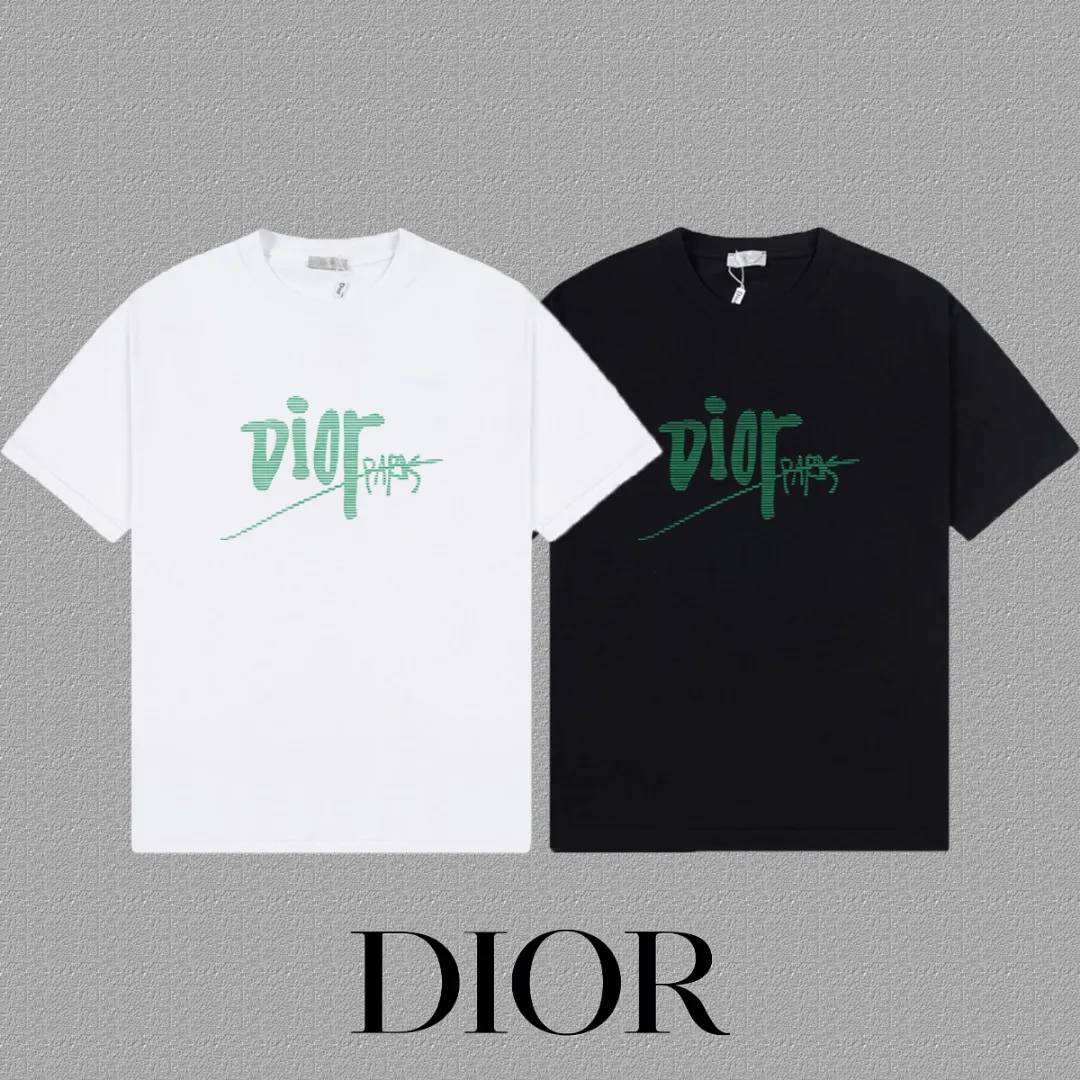 🅿️170 [DIOR Dior] 2025FW short-sleeved T-shirt LOGO printing High-end 26s double yarn 300g fabric Heavy fabric Customized frame ribbing in the same cylinder and dyeing Complete three standards Same style for men and women Color: Black White Size: S M L XL 2XL