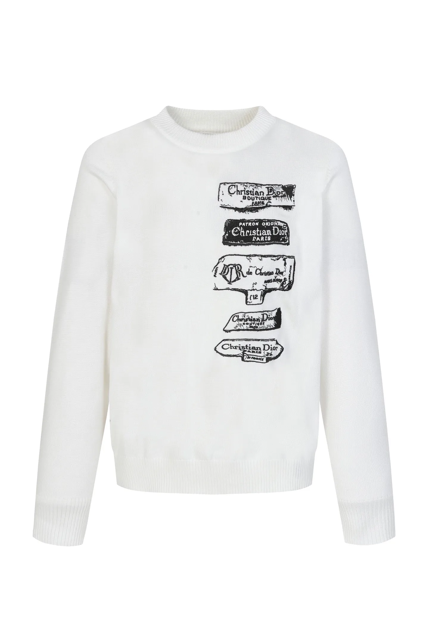 🅿️340 CD Archives Logo Embroidered Crew Neck Sweater The Archives Labels logo is reinterpreted with an embroidered version of the brand label. Made of white wool jersey with ribbed crew neck, cuffs and hem. It is characterized by timeless charm and is perfect for adding a touch of elegance to spring looks. Dior Archives Labels embroidered at chest. Ribbed crew neck, cuffs and hem. Size:S M L
