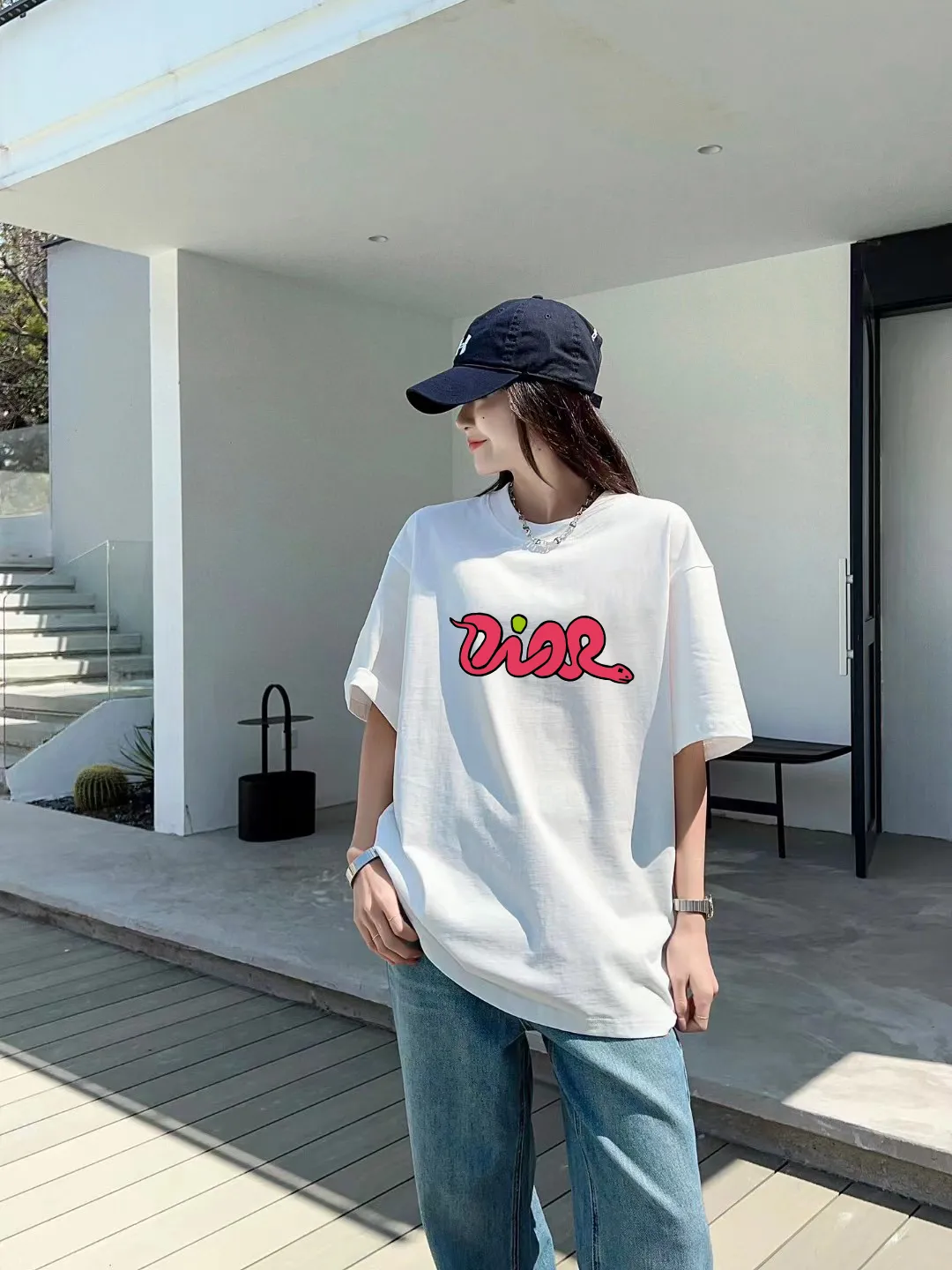 🅿️170 [DIOR Dior] 2025FW short-sleeved T-shirt LOGO printing High-end 26s double yarn 300g fabric Heavy fabric Customized frame ribbing in the same cylinder and dyeing Complete three standards Same style for men and women Color: Black White Size: S M L XL 2XL