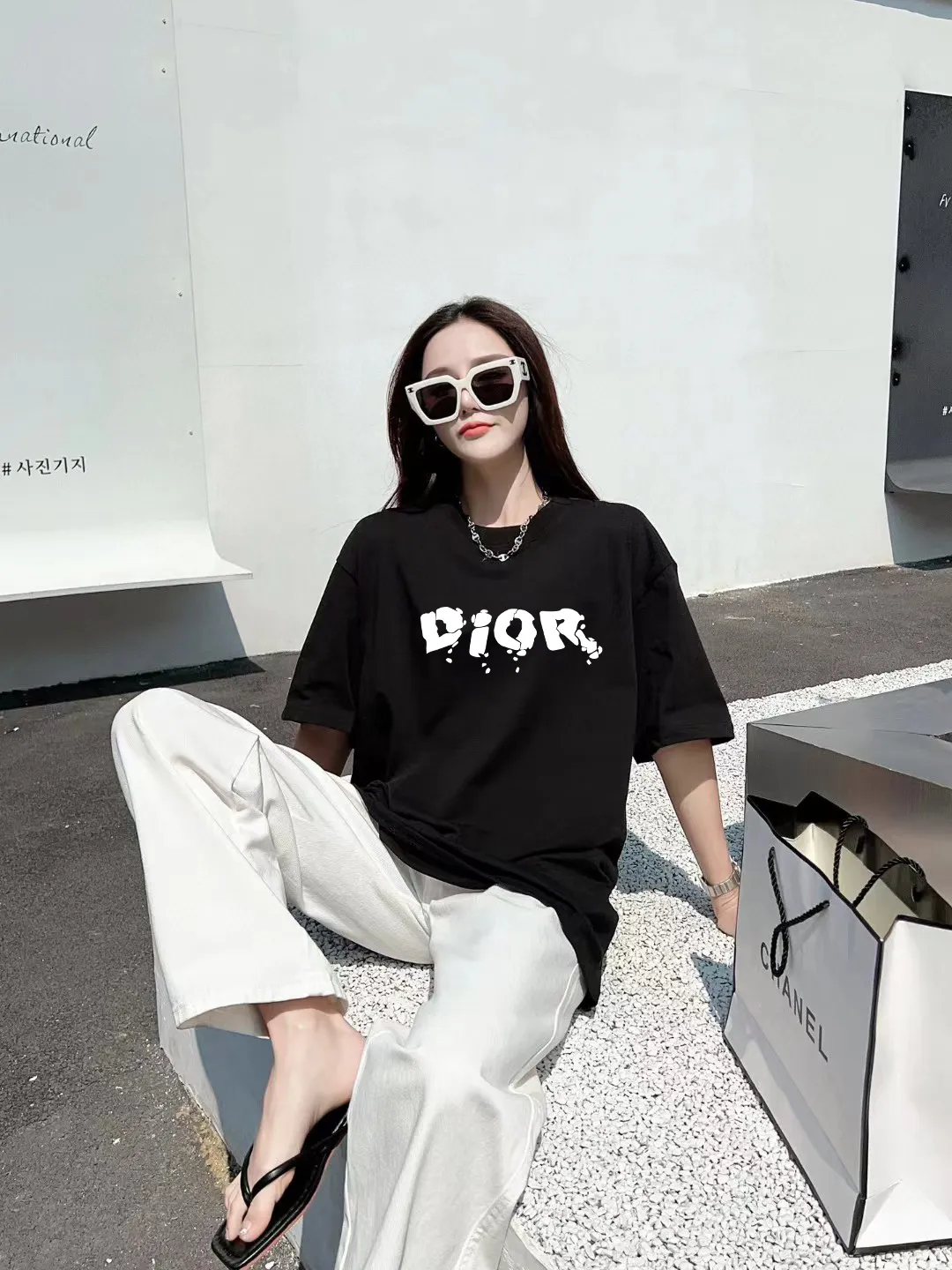 🅿️170 [DIOR Dior] 2025FW short-sleeved T-shirt, silicone thick plate LOGO, high-end 26s double yarn 300g fabric, heavy fabric, custom stretcher rib, same cylinder and dye, complete three standards, same style for men and women, color: black, white, size: S M L XL 2XL