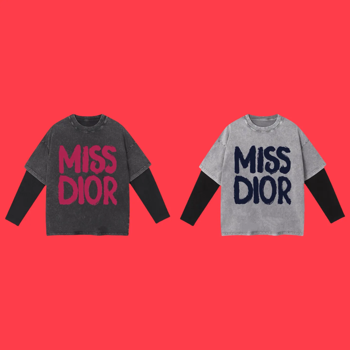 🅿️240 (Profit from cooperation) High-end quality DIOR 2025SS spring and summer wear, fake two-piece washed snowflake series MISS fake two-piece long T-shirt, imported Kornit digital direct-injection printing, custom-dyed high-quality fashion brand 100% cotton washed 260G fabric, ready-made garments dyed ➕ washed-fried snowflake OS loose off-shoulder version, same style for men and women size: S.M.L.XL.2XL