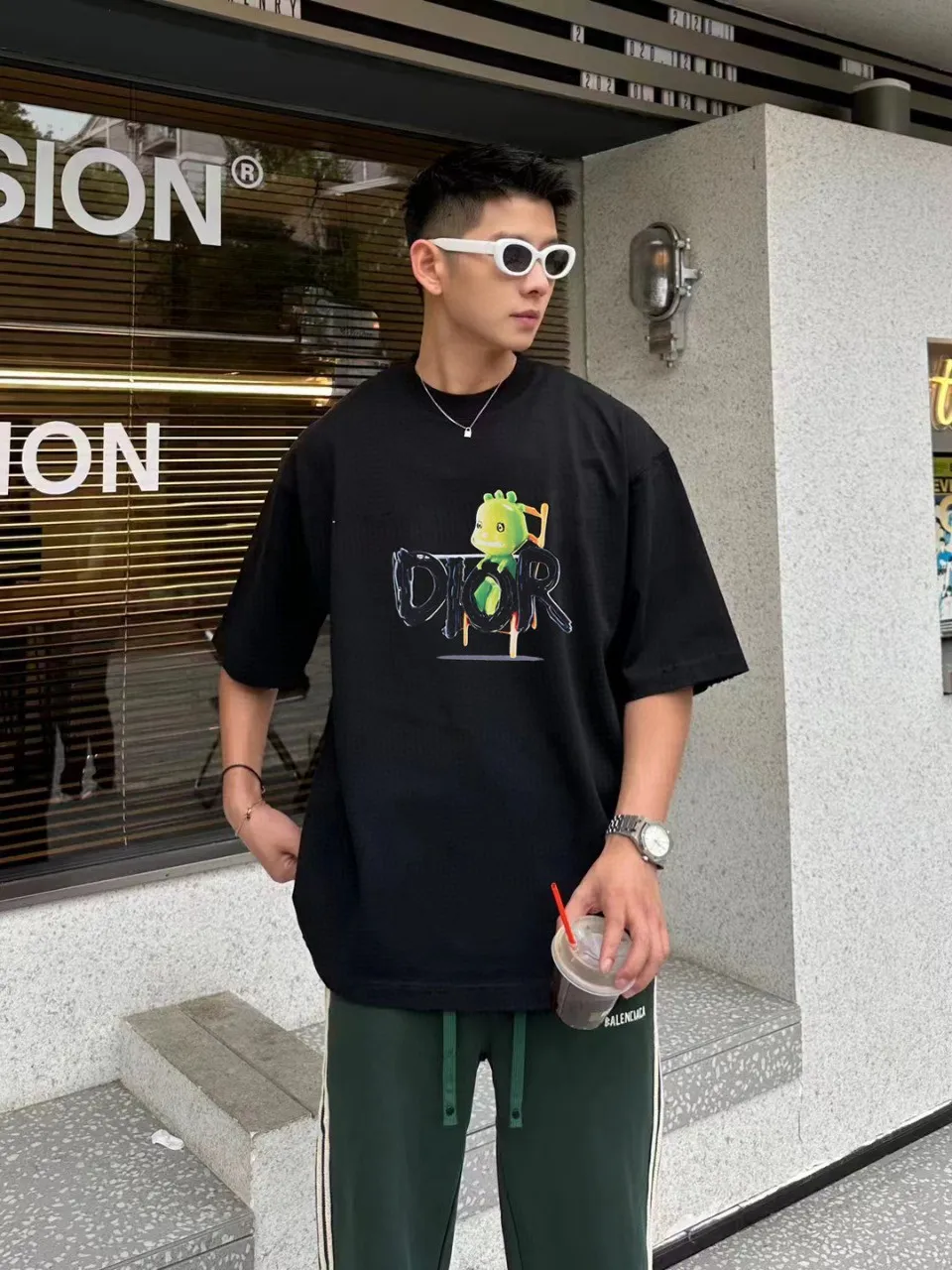 🅿️170 [DIOR Dior] 2025FW short-sleeved T-shirt LOGO printing High-end 26s double yarn 300g fabric Heavy fabric Customized frame ribbing in the same cylinder and dyeing Complete three standards Same style for men and women Color: Black White Size: S M L XL 2XL