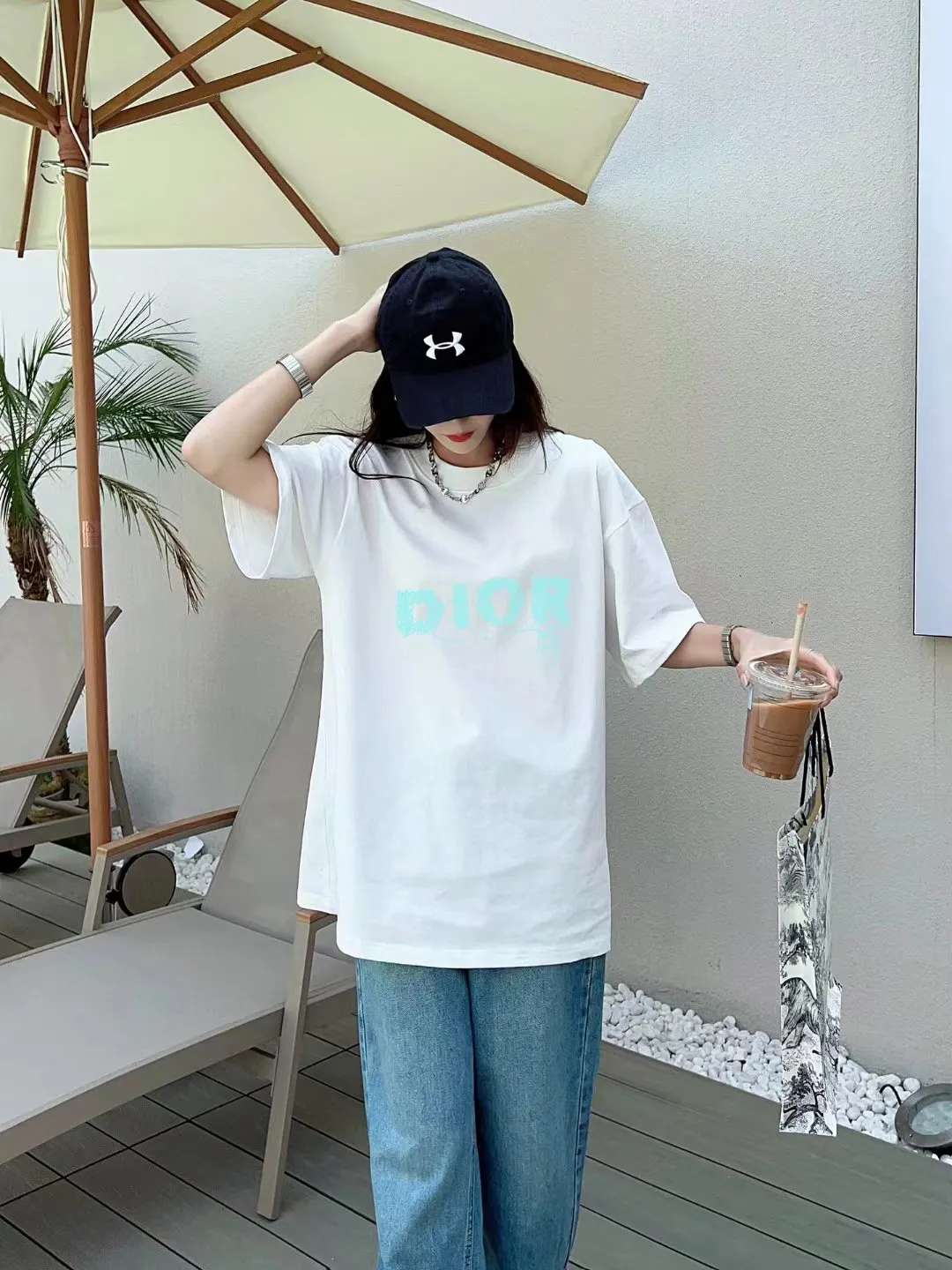 🅿️170 [DIOR Dior] 2025FW short-sleeved T-shirt LOGO printing High-end 26s double yarn 300g fabric Heavy fabric Customized frame ribbing in the same cylinder and dyeing Complete three standards Same style for men and women Color: Black White Size: S M L XL 2XL