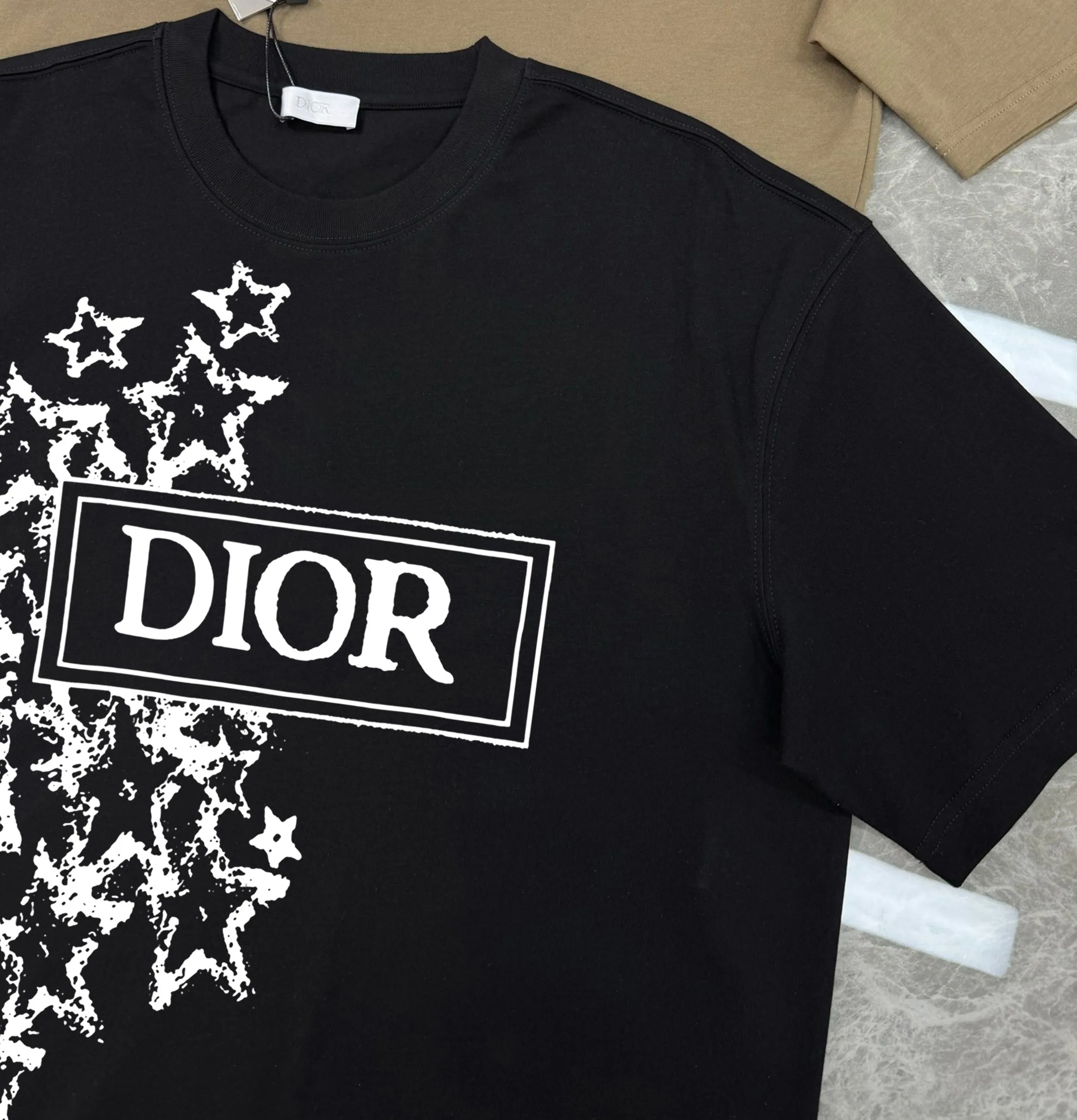 🅿️180 DIOR/Dior 250g round neck short-sleeved T-shirt, brand letter small mark LOGO pattern printing process, official synchronization, high version, high quality, fashionable personality, versatile trend, pure original quality, original fabric, tag, collar label, washed wheat, three labels complete, color: black, white, size: s-xxl
